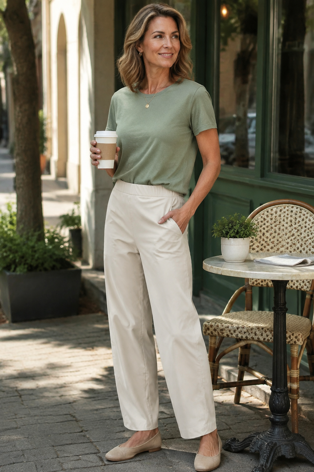 Ivory Aria pants at a cafe