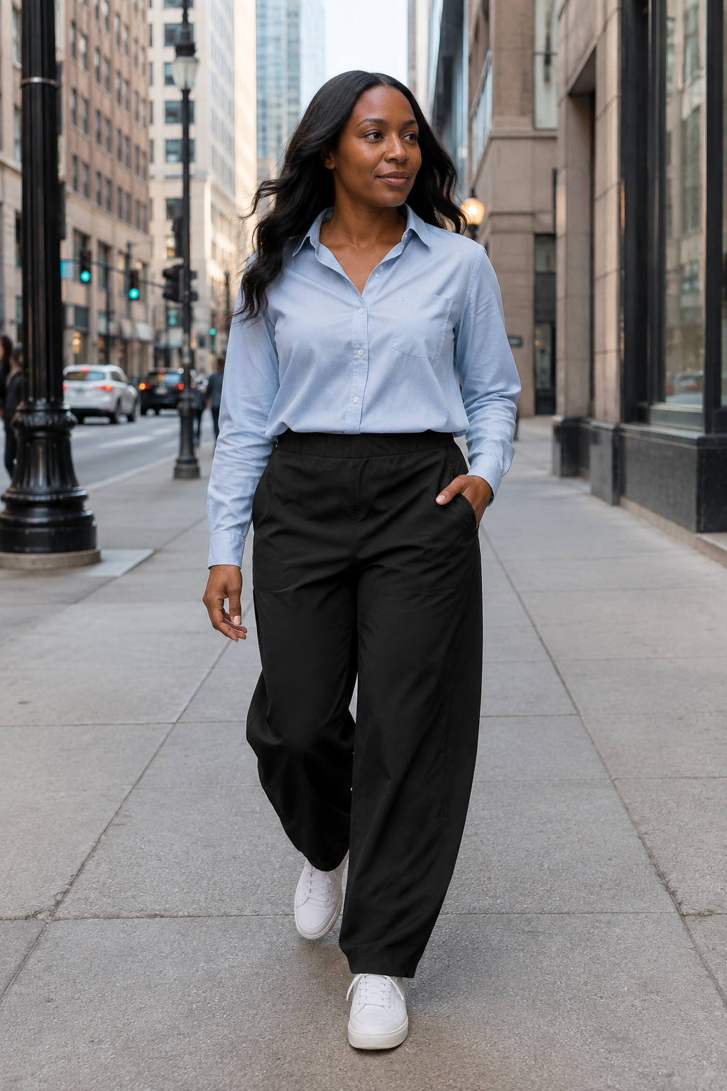 Black Aria pants in a city setting