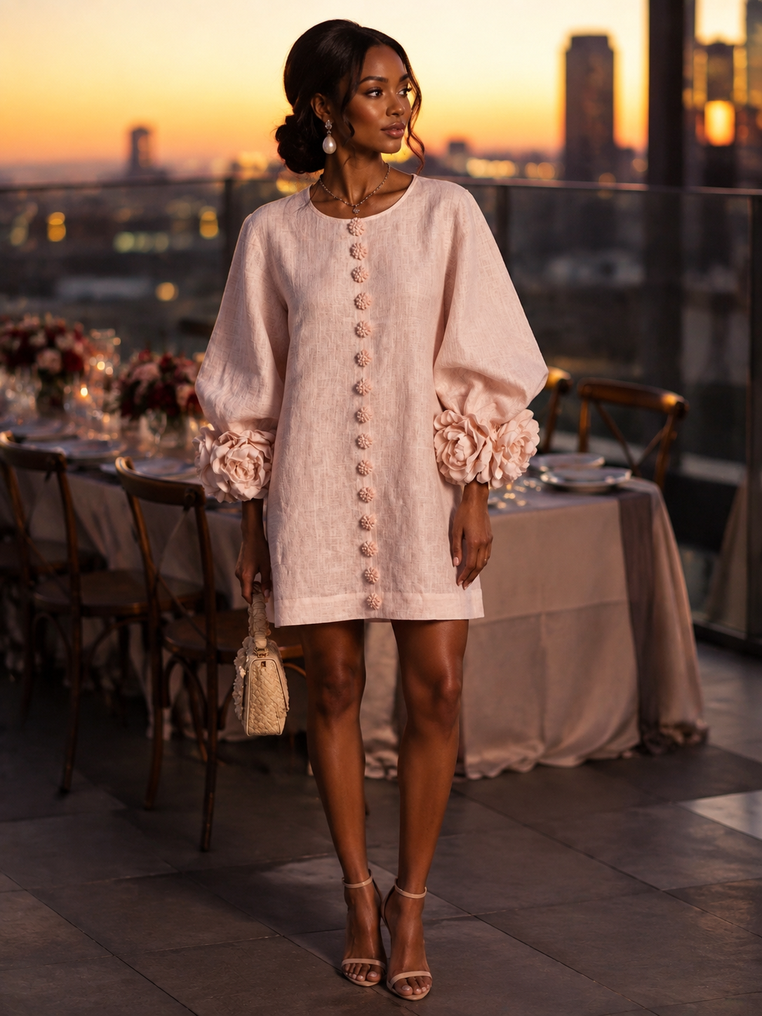 Burgundy Aurelia dress at a rooftop dinner