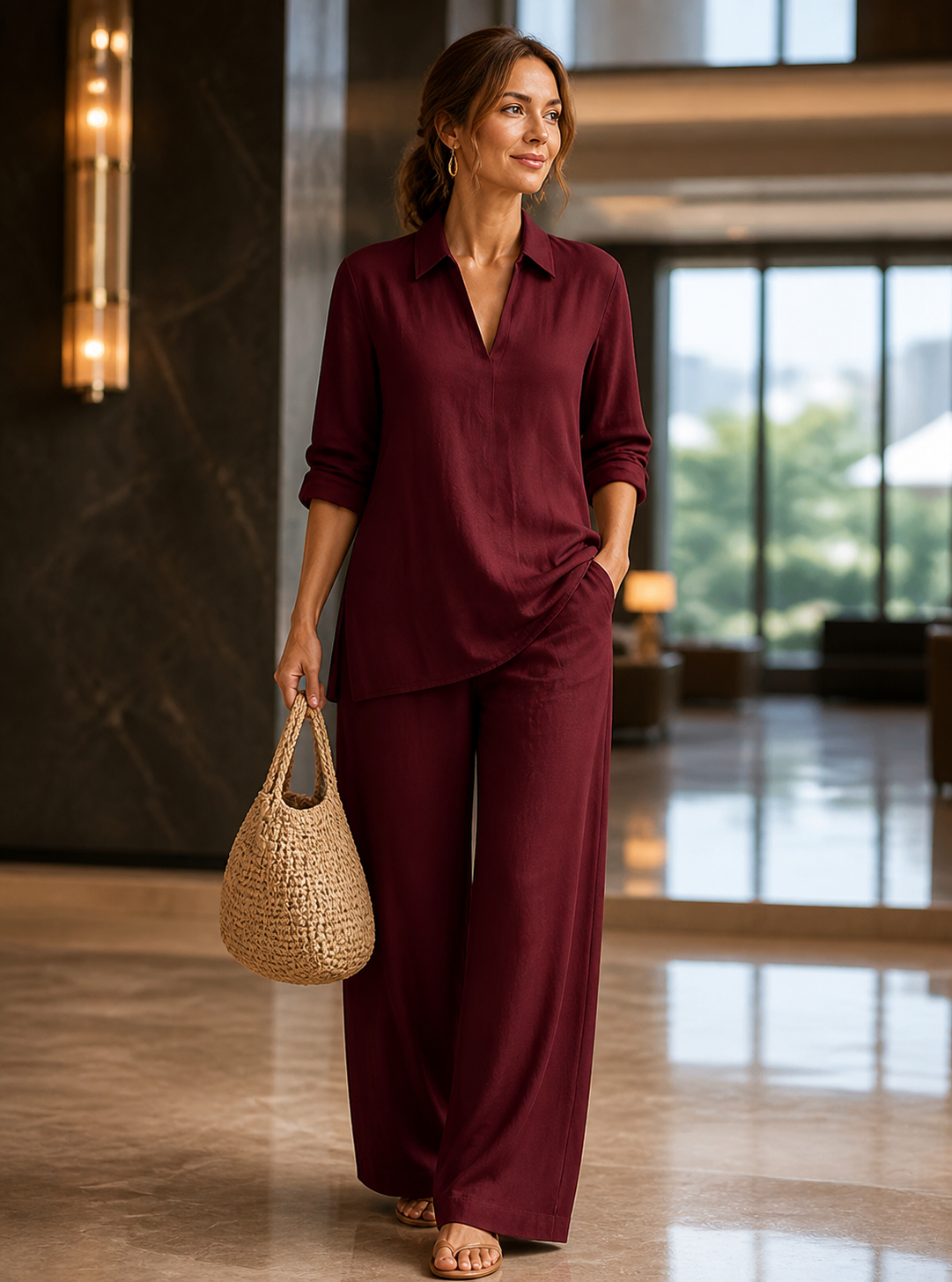 Burgundy Camille set in a city hotel