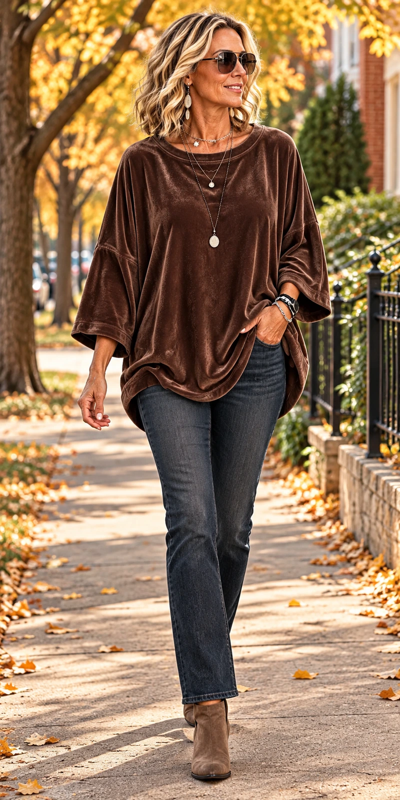 Deep brown velour top on an autumn walk