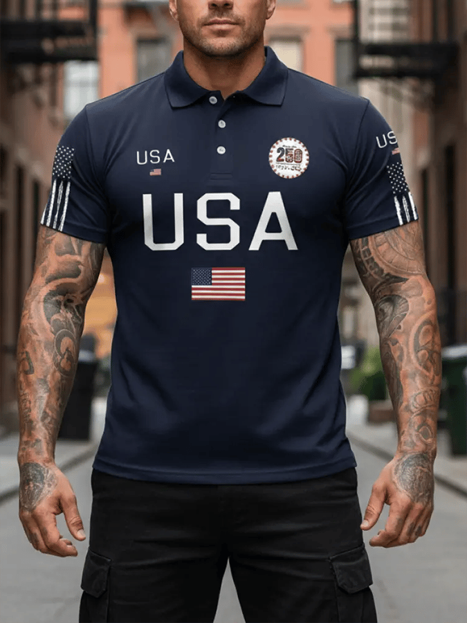 Men's American Flag Print Casual Polo Shirt