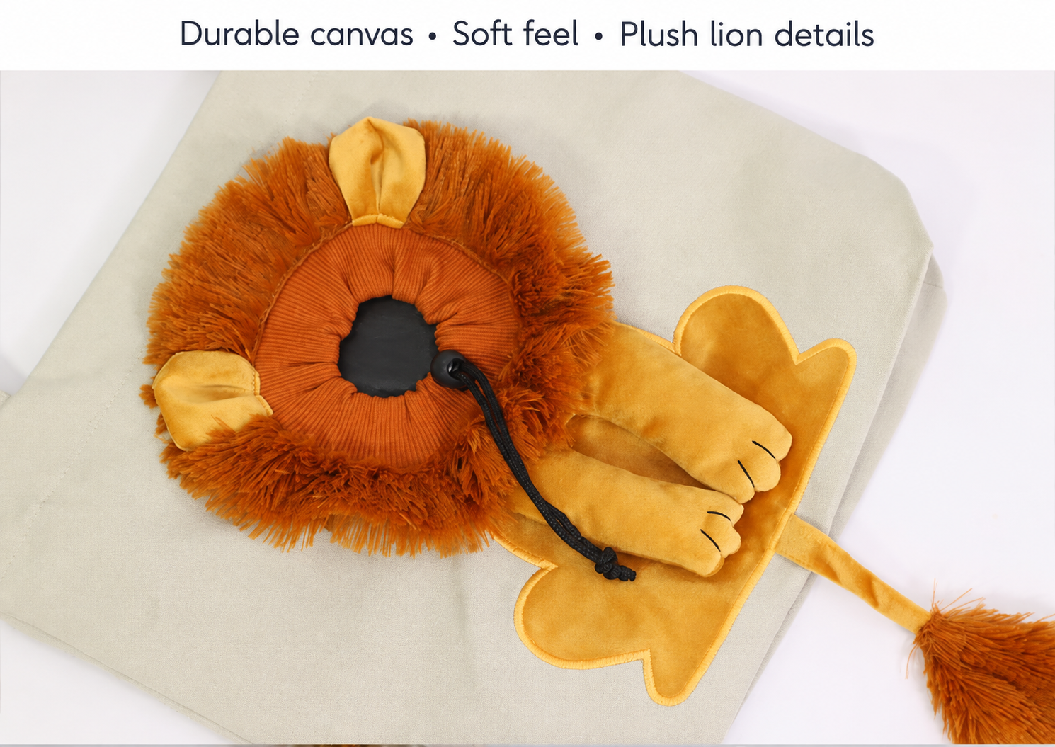 Canvas and plush lion carrier construction details in American English