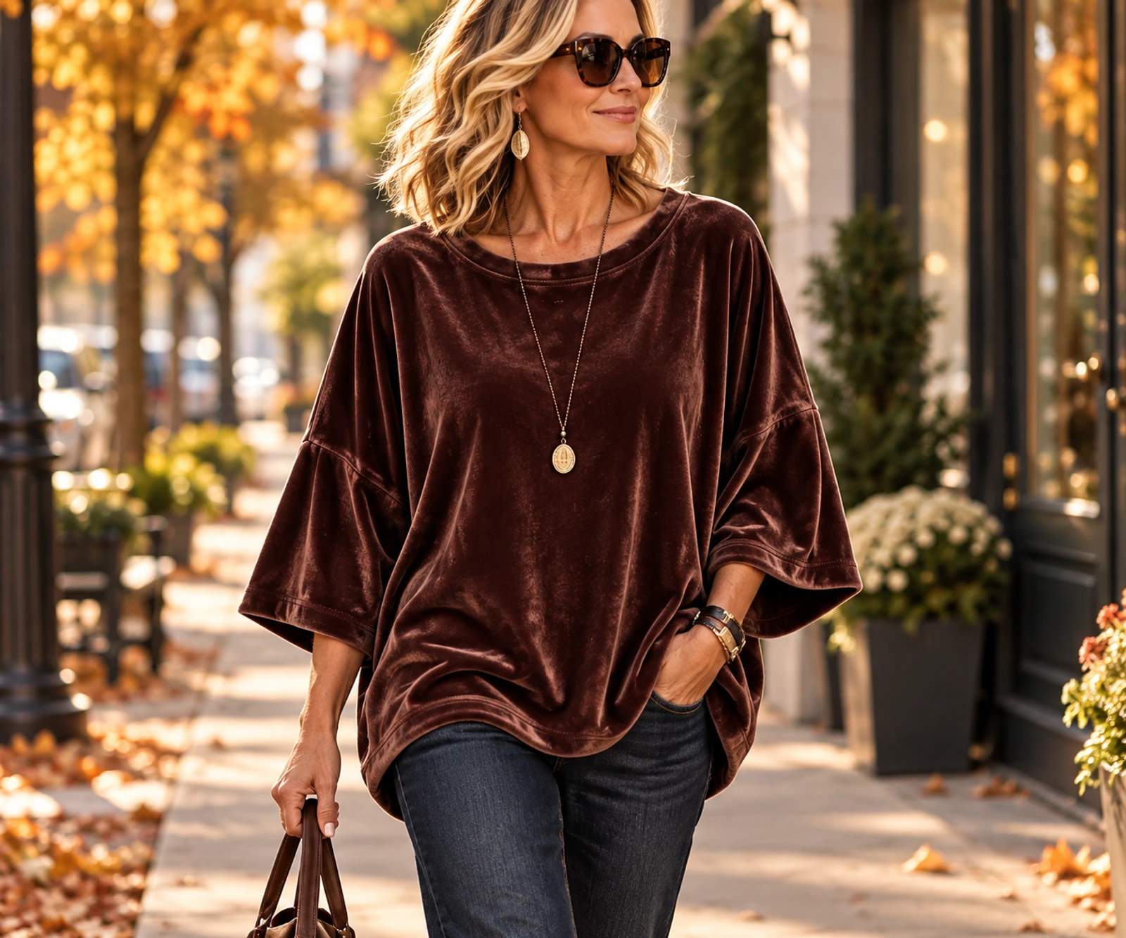Deep brown relaxed velour top styled for fall