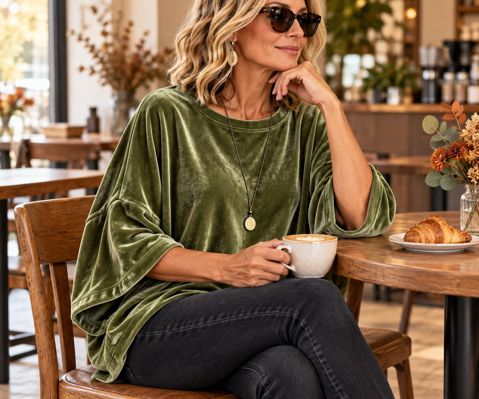 Olive green velour top in an elevated cafe setting
