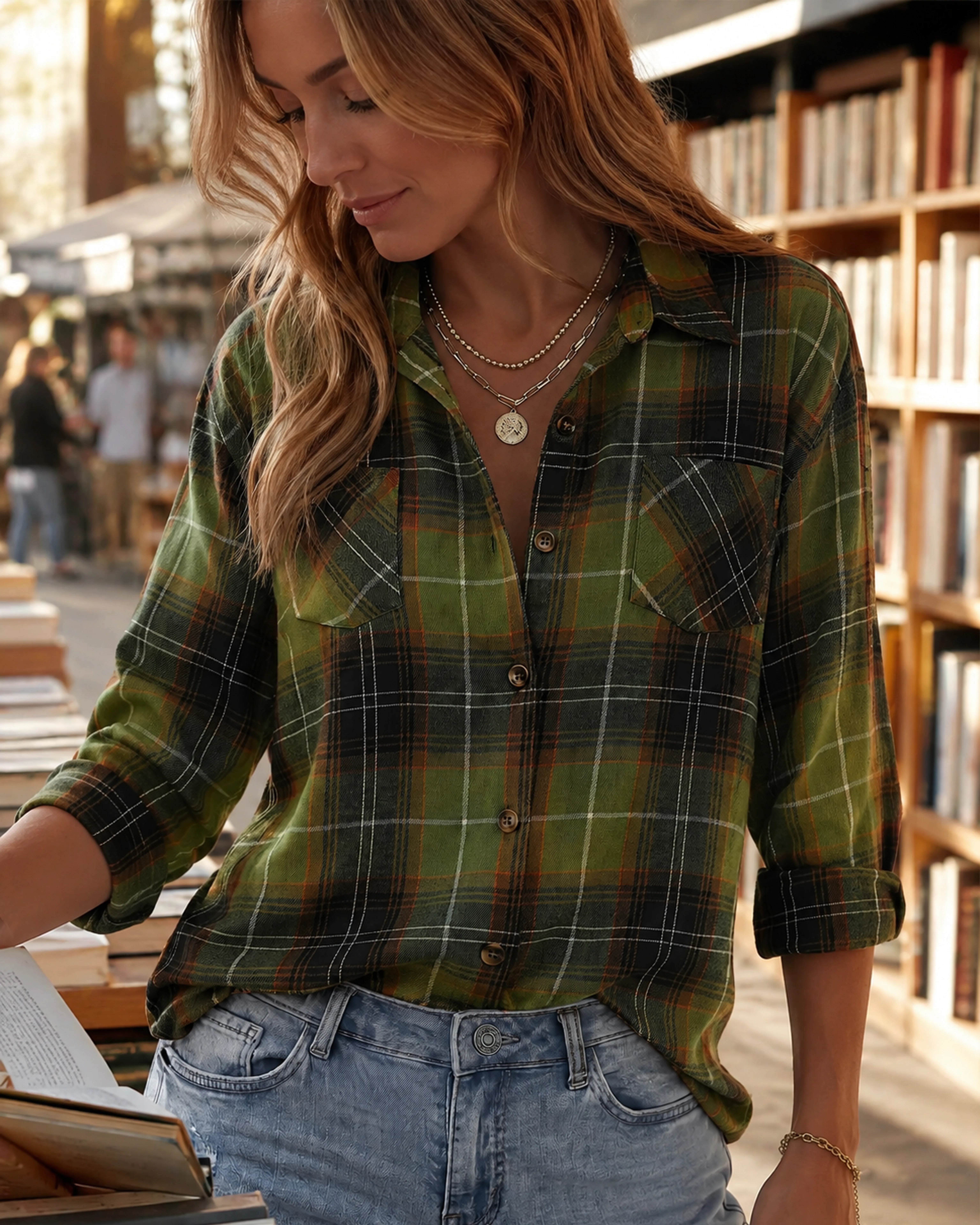 Green plaid shirt worn at a neighborhood bookstore