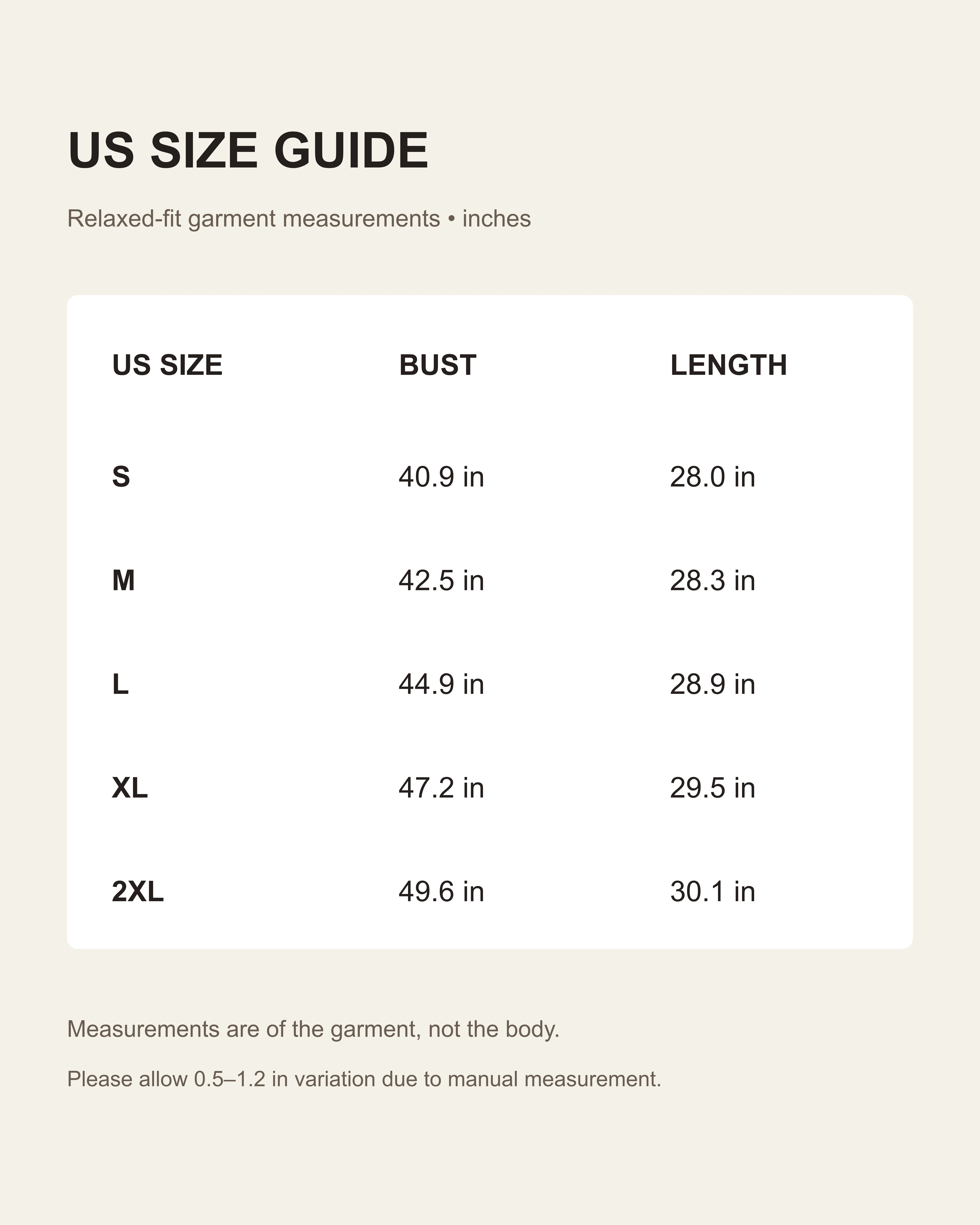 US size guide in inches