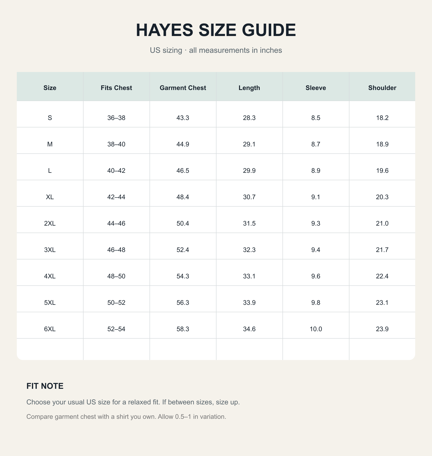 Hayes Henley US size guide in inches