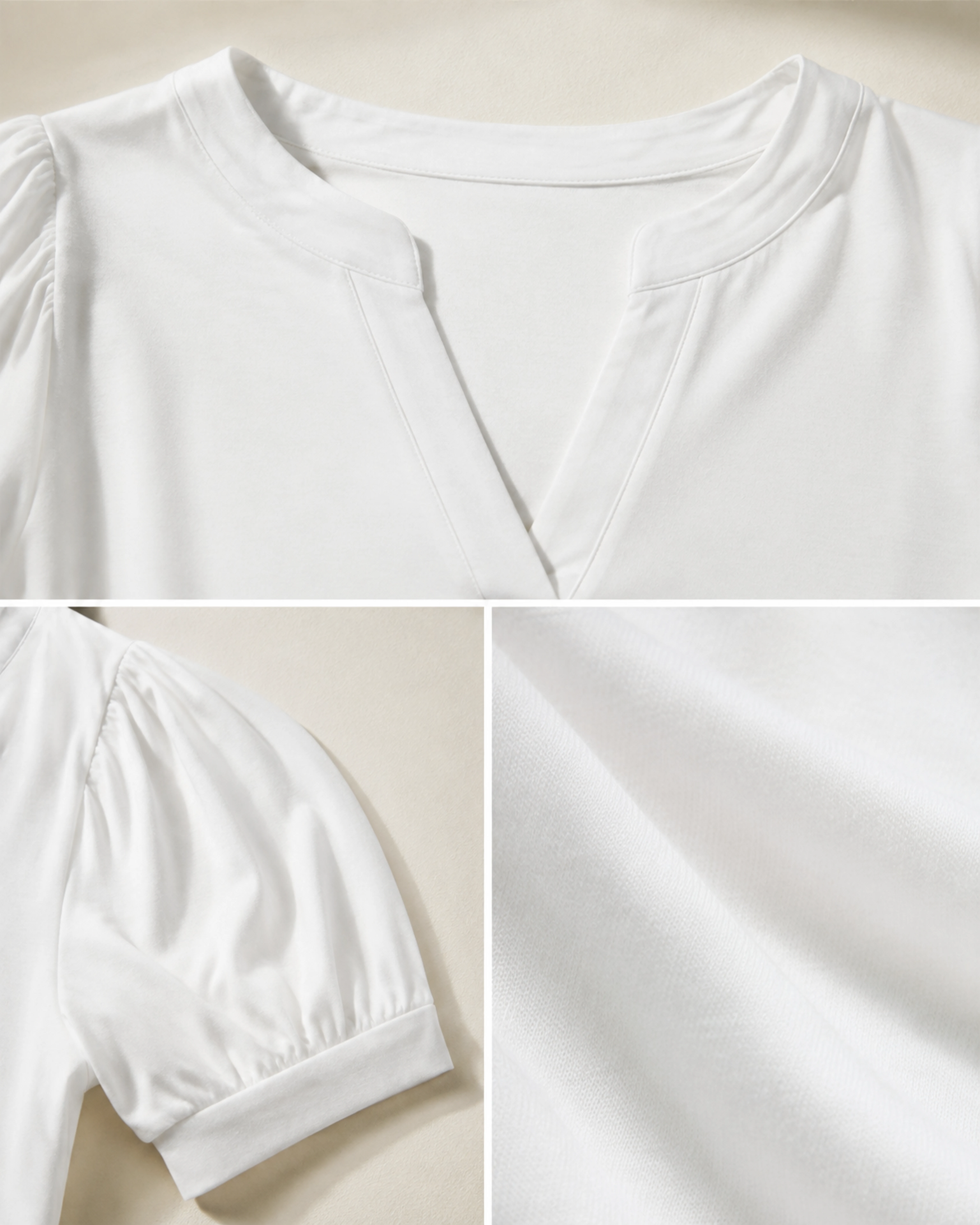 Close-up of the Mara notched V neckline and gathered shoulder details
