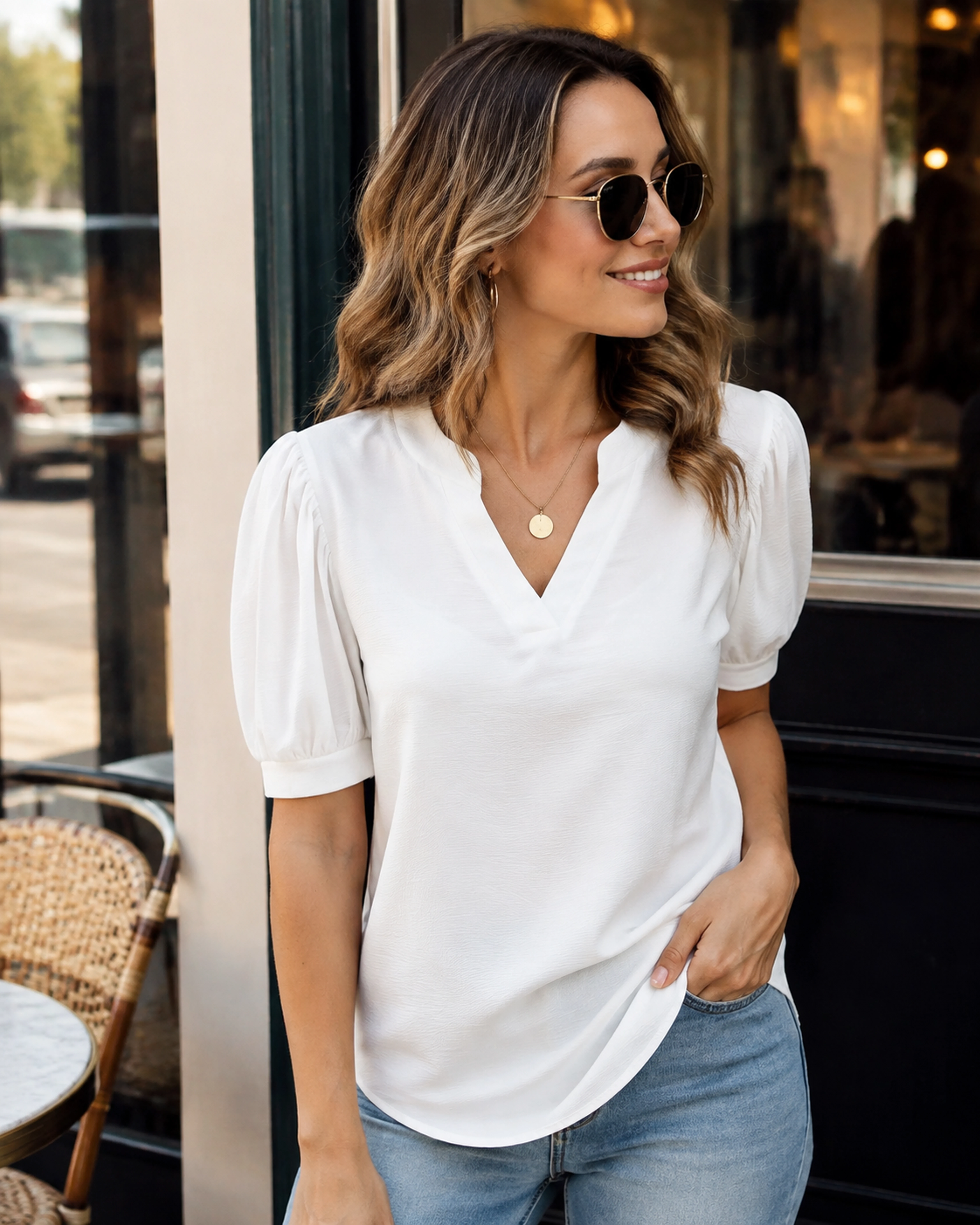 Mara top in a polished American city look