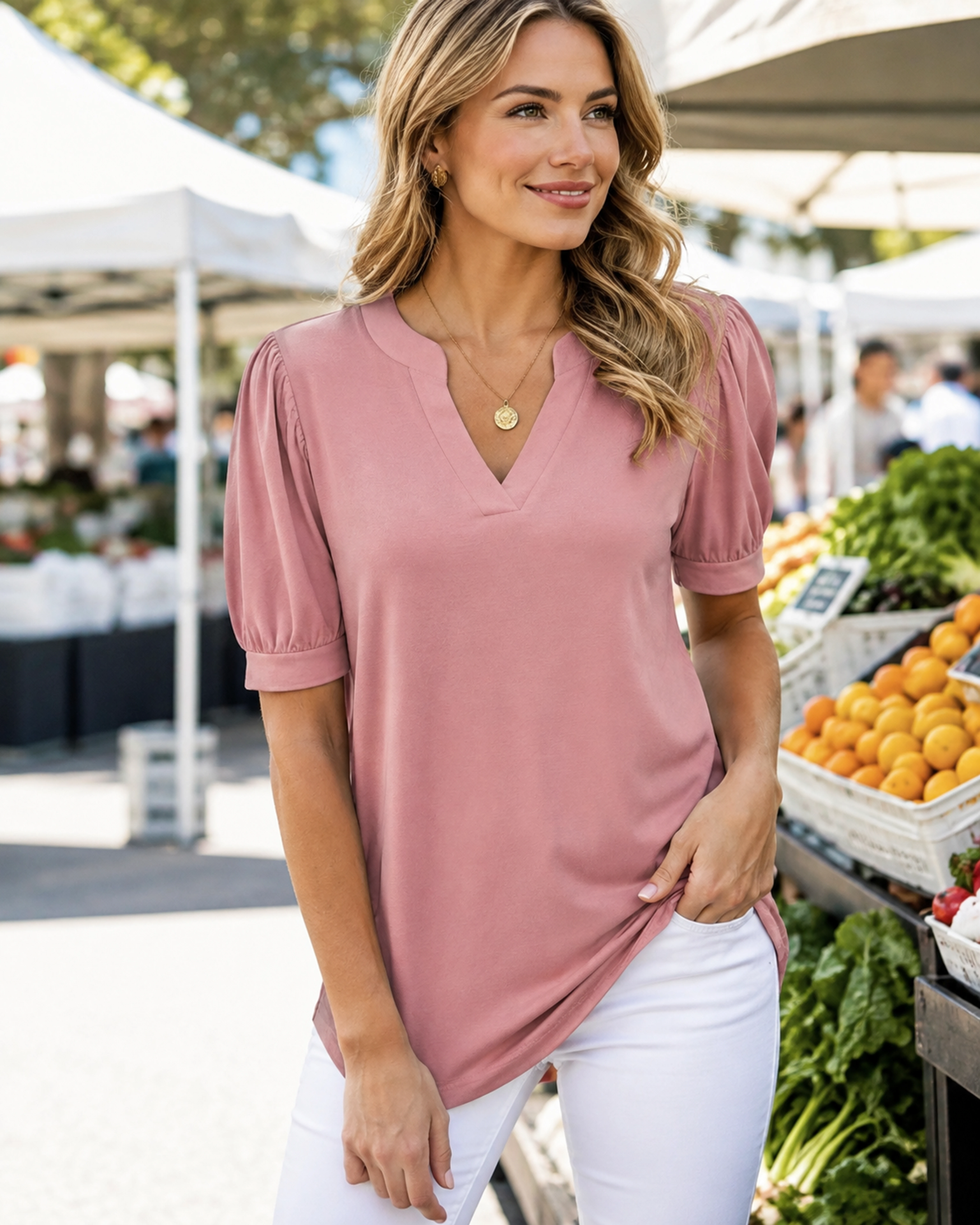 Mara top in a realistic weekend market look