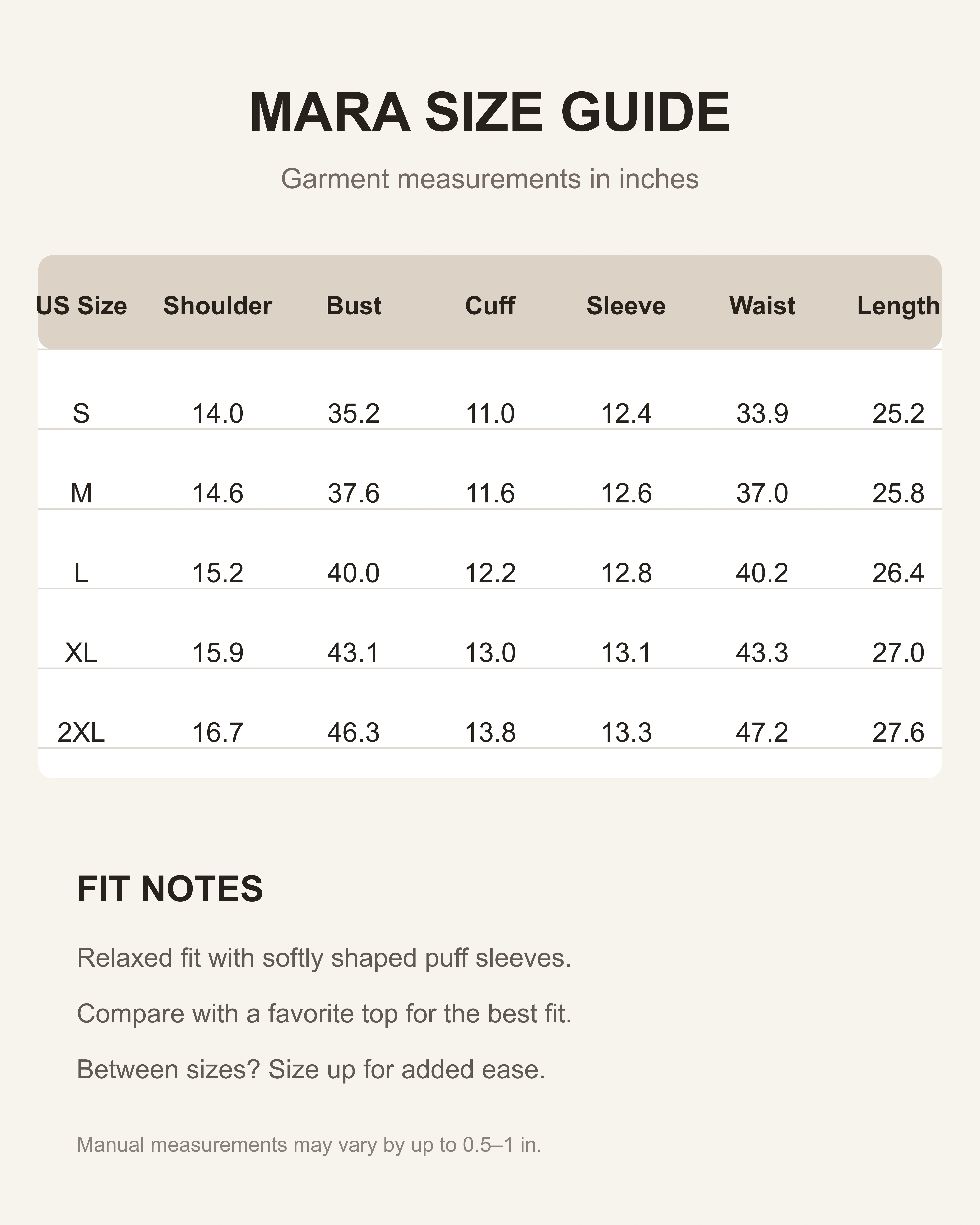 Mara US garment size guide in inches