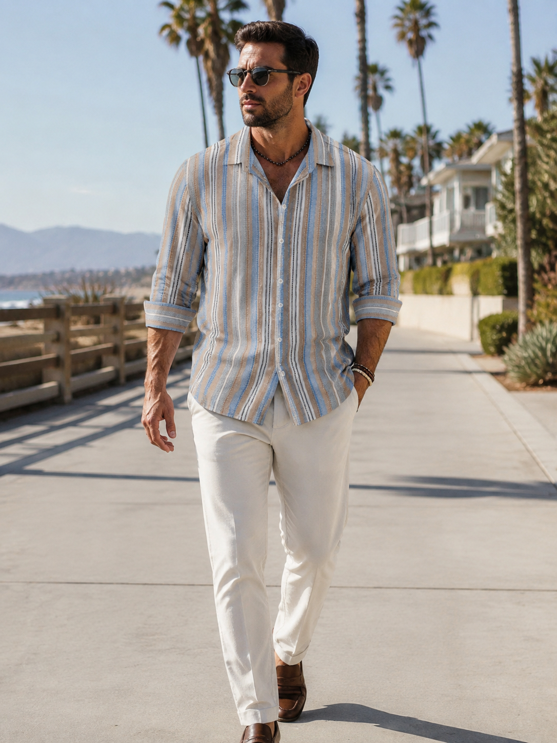 Mason shirt on a California coastal promenade