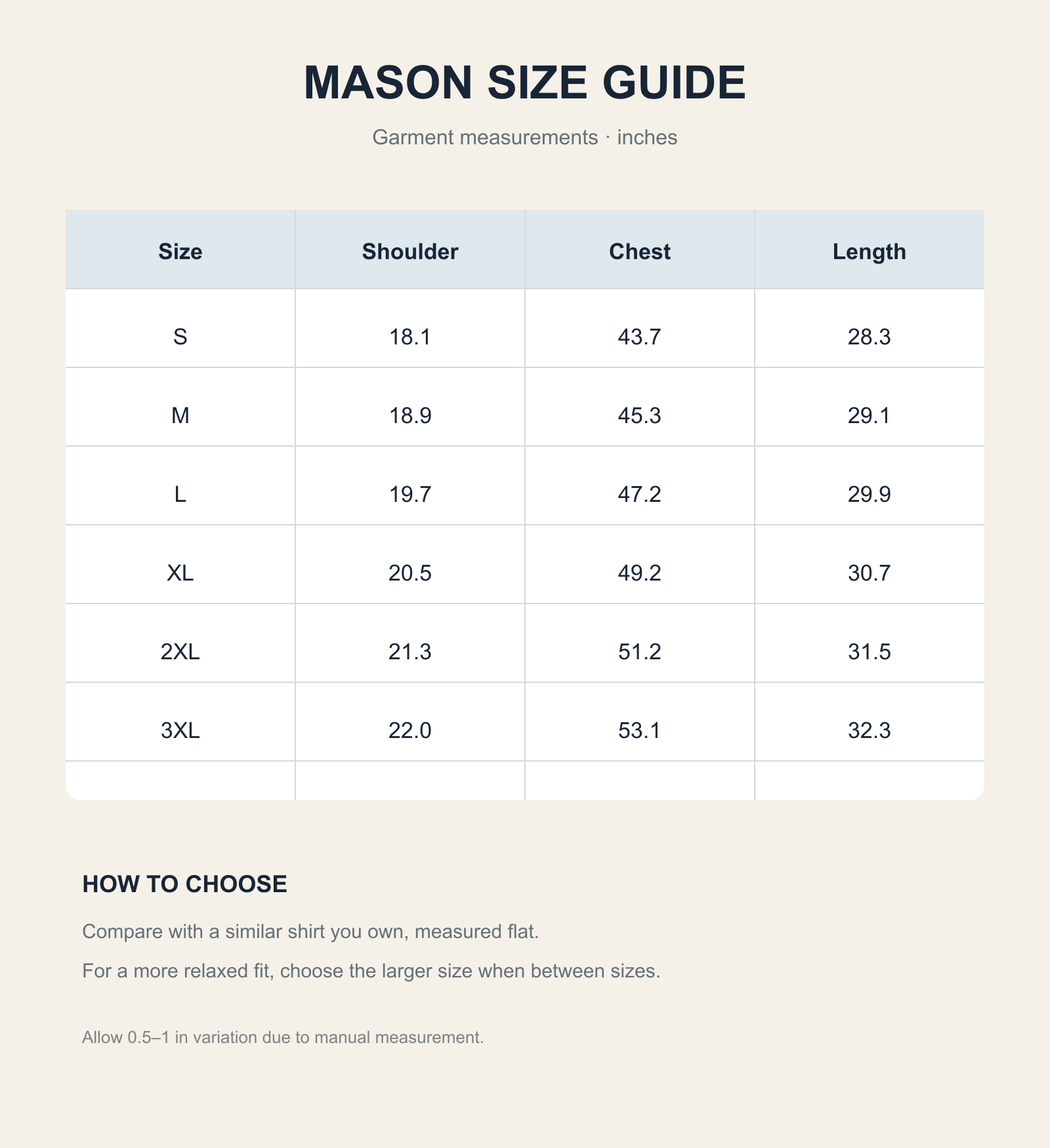 Mason US size guide in inches
