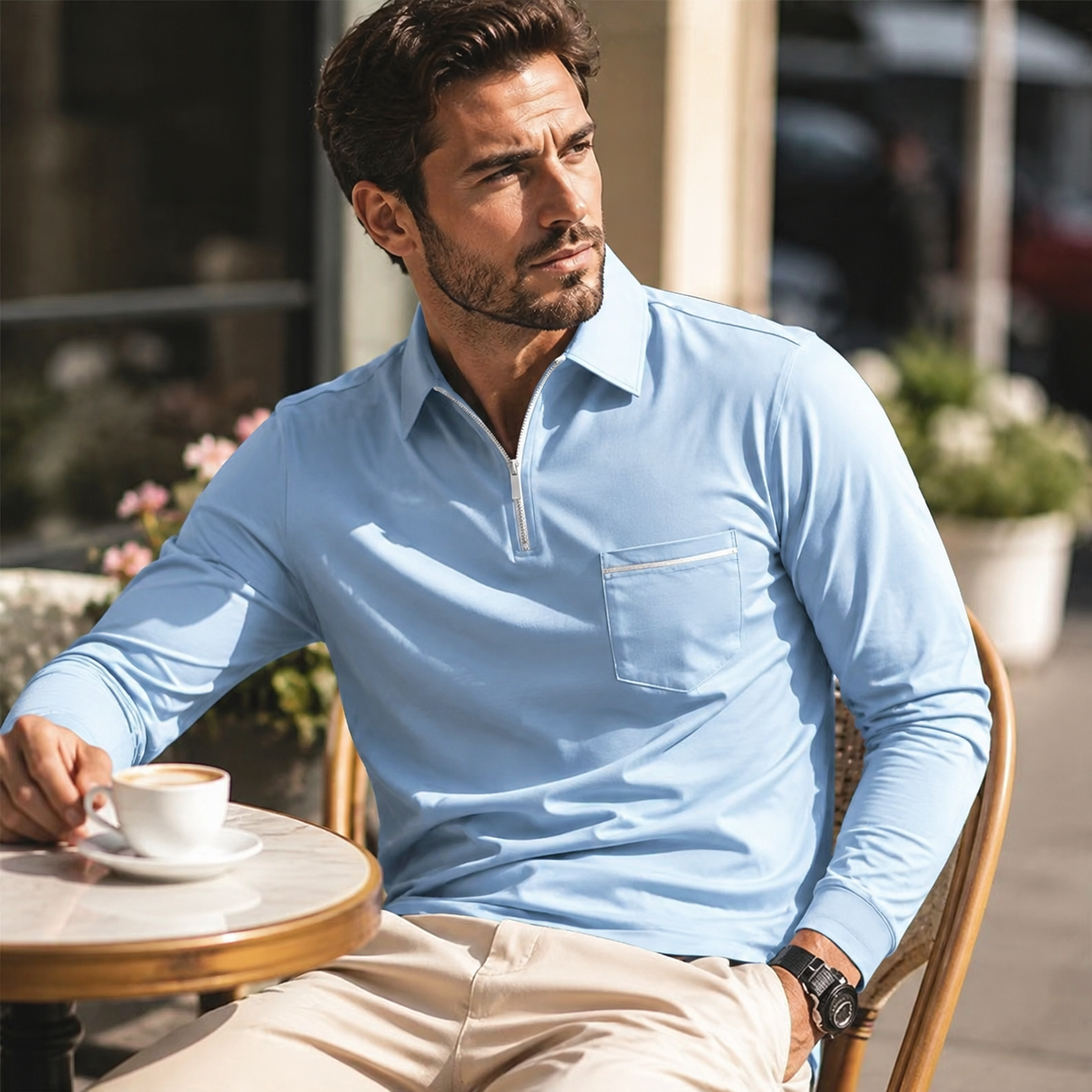 Light Blue Ronan polo at a neighborhood cafe