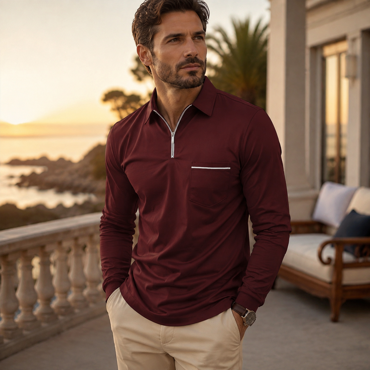 Burgundy Ronan polo on a coastal terrace