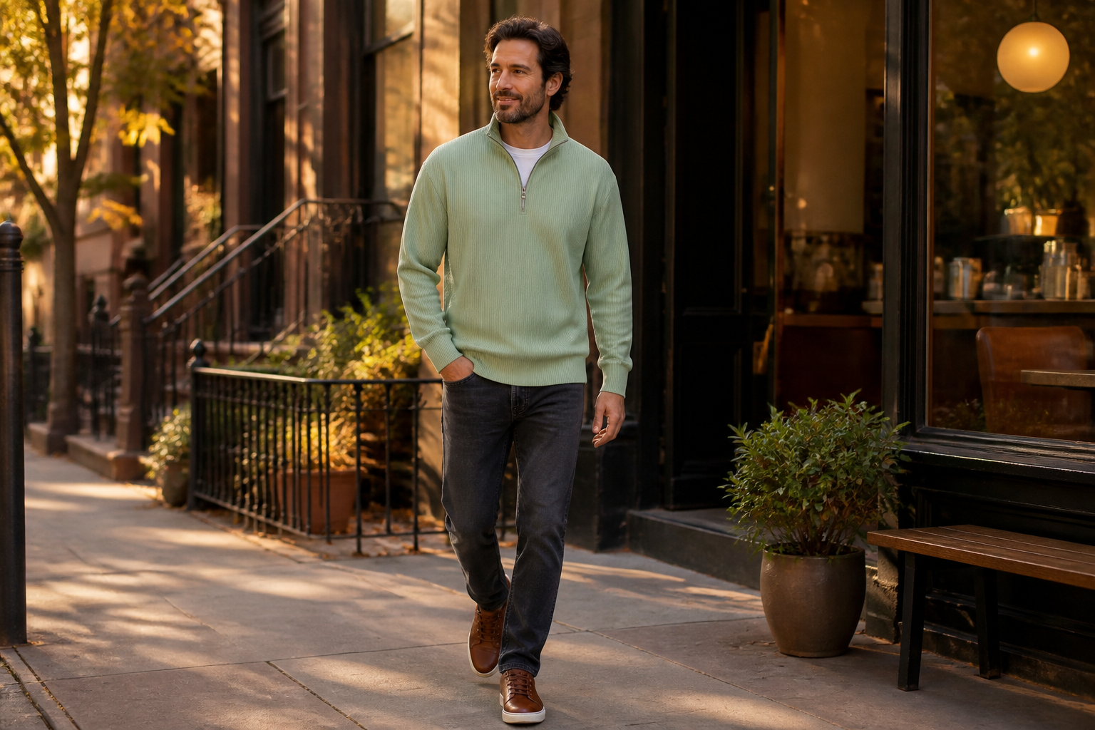 American male model styling the sage green Rowan quarter-zip pullover