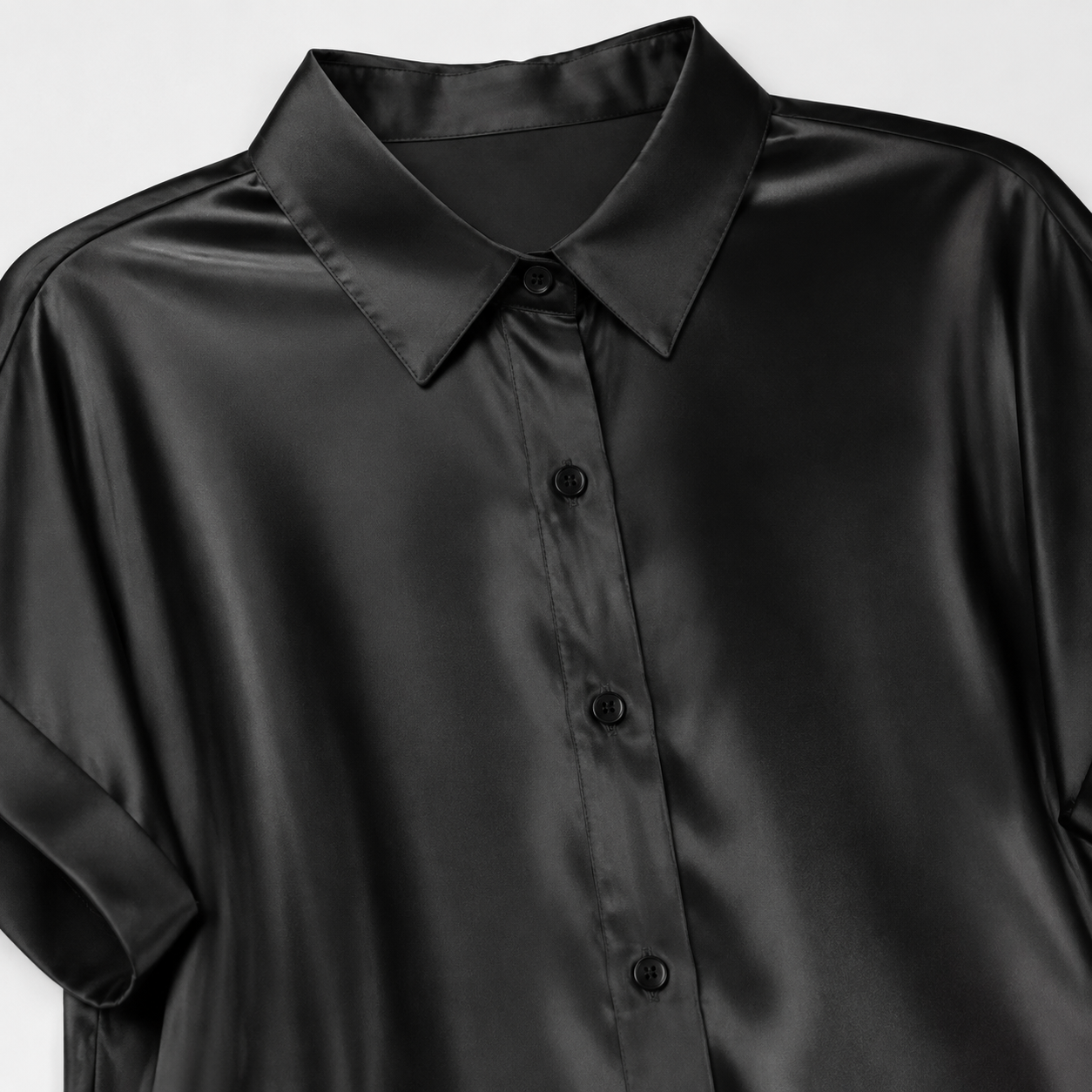 Black satin collar and button placket detail