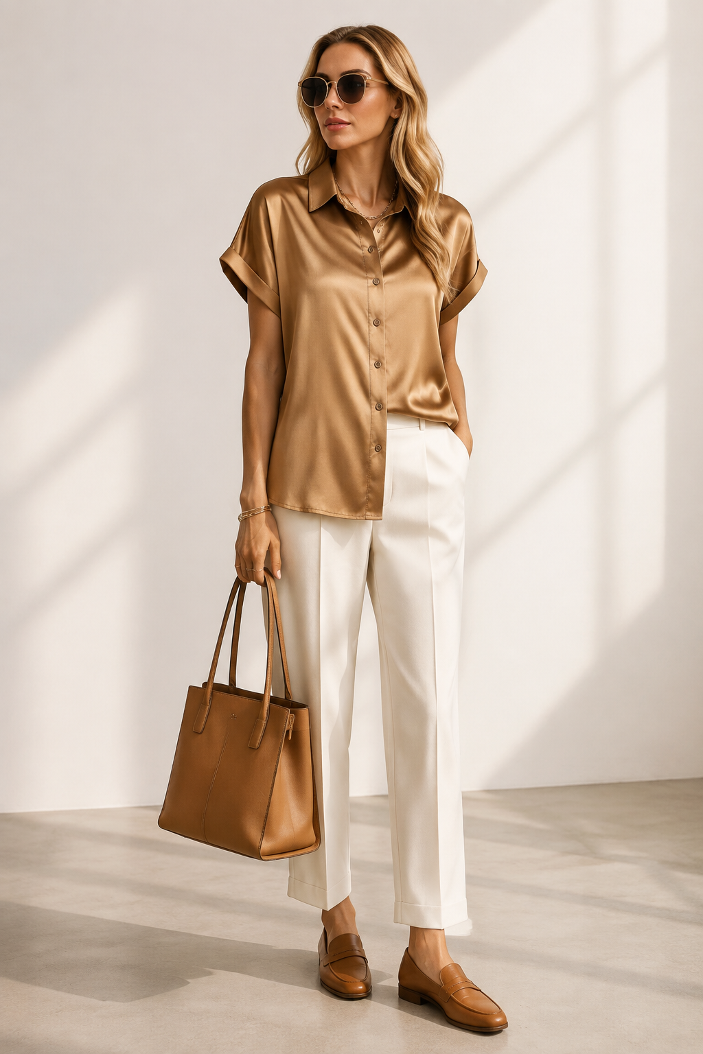 Caramel satin blouse styled with tailored pants