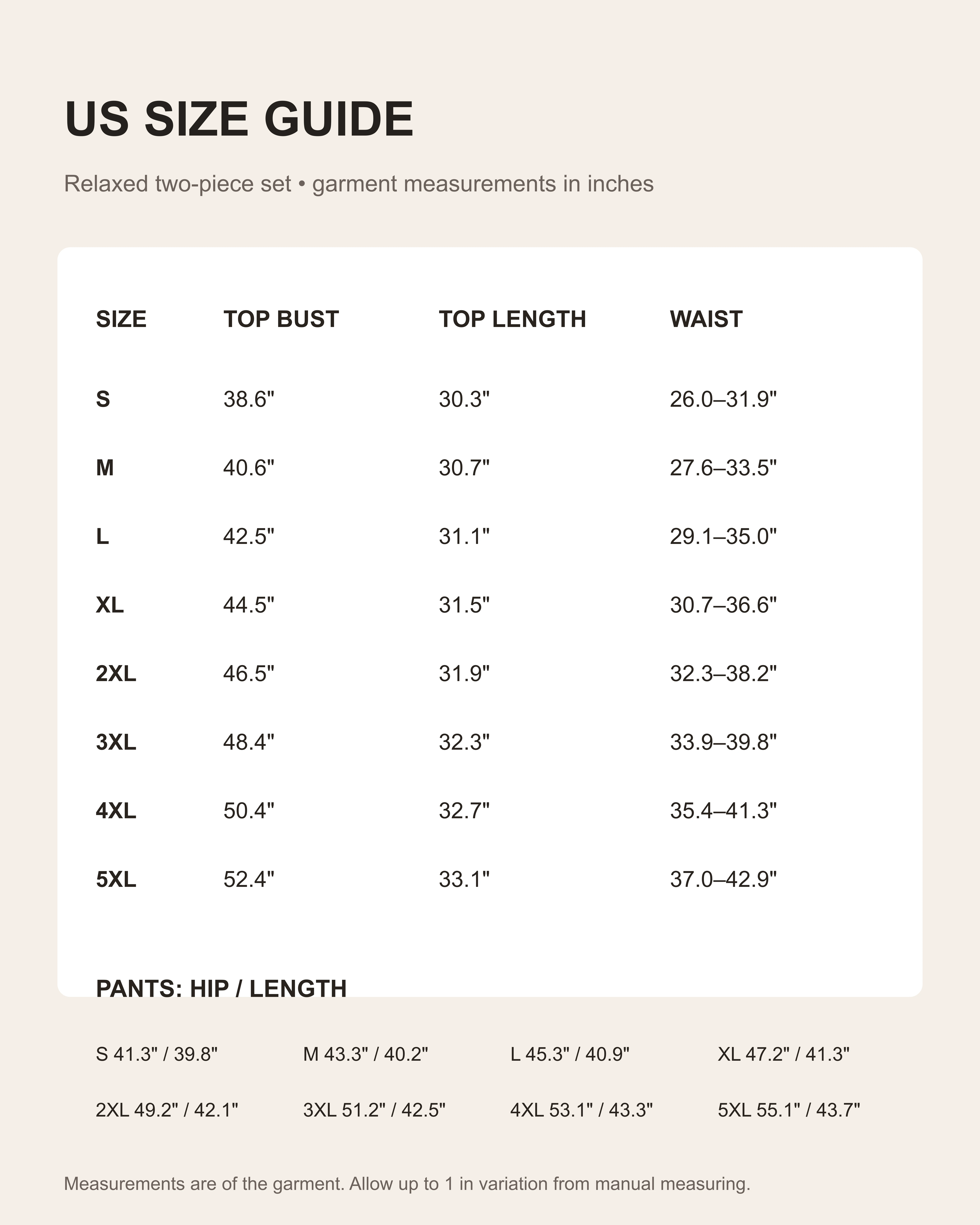 US garment size chart in inches