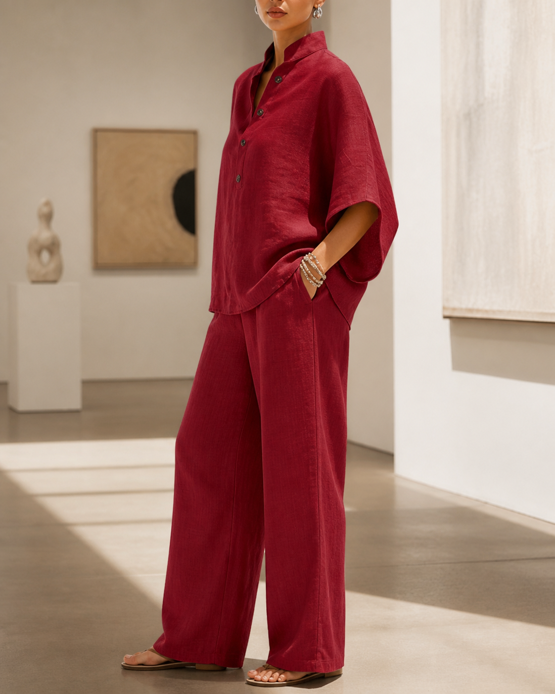 Woman wearing wine red relaxed matching set