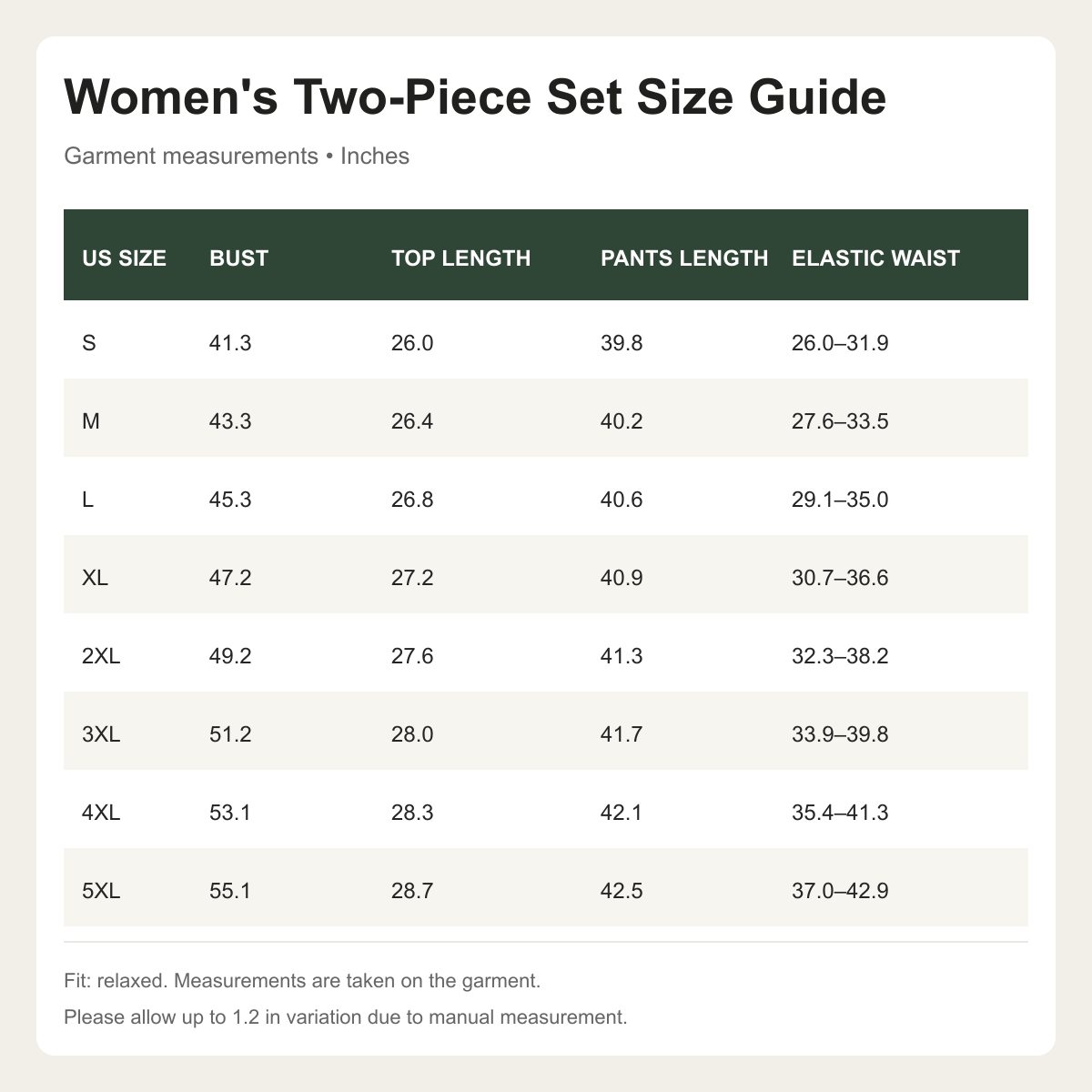 Women's two-piece set US size guide S through 5XL