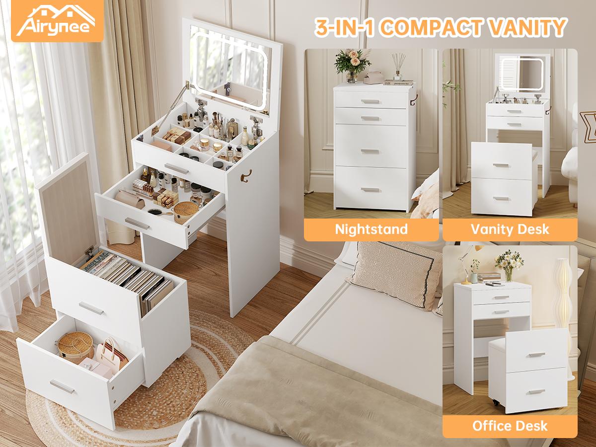 3-in-1 Multi-Functional LED Mirror Vanity Desk Furniture, Modern White Freestanding Makeup Vanity with 3 Drawers, Flip-Up Lighting Mirror, Cushioned Stool & Nightstand Combo for Bedroom, Office, Freestanding Makeup Vanities