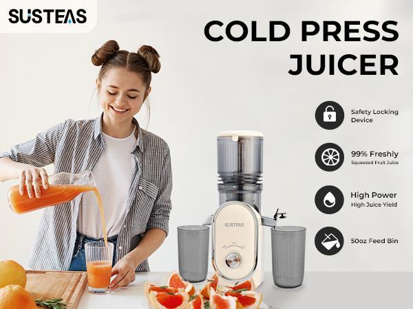 SUSTEAS 5.3" XL Cold Press Juicer &ndash; Fits Whole Fruits & Greens, No Cutting! High Nutrient Retention & Maximum Juice Yield.