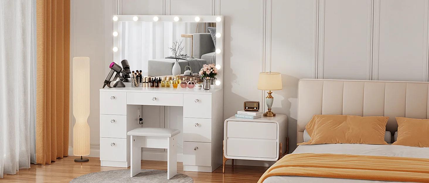 VOWNER 58"Tall Makeup Vanity Desk Set With Power Outlet, 14 Bulbs And Mirror, 7 Drawers VOWNER 58"Tall Makeup Vanity Desk Set With Power Outlet, 14 Bulbs And Mirror, 7 Drawers