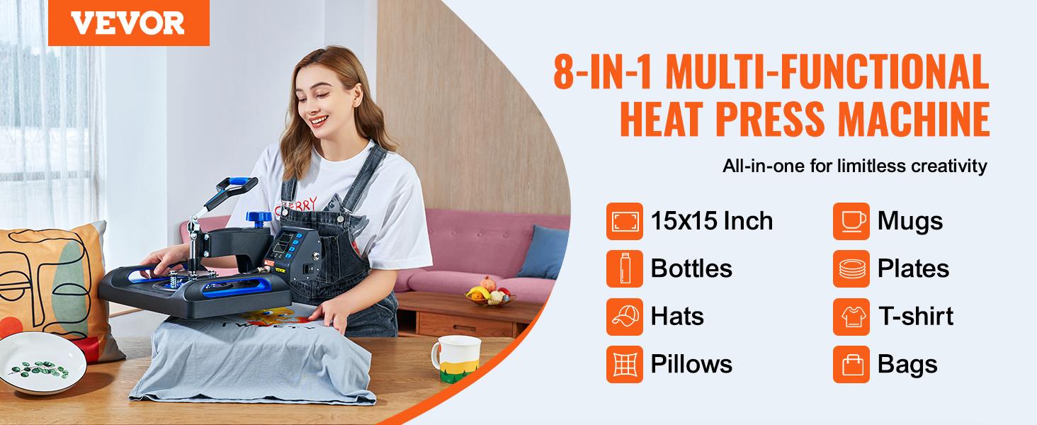 【fathersdaygift】VEVOR Heat Press Machine 15 x 15 Inch 8 in 1 Heat Press 800W Sublimation Machine 360° Rotation Swing Away 8 in 1 Shirt Printing Machine Dual-Tube Heating for DIY T-Shirts Cap & Mugs 【fathersdaygift】VEVOR Heat Press Machine 15 x 15 Inch 8 in 1 Heat Press 800W Sublimation Machine 360° Rotation Swing Away 8 in 1 Shirt Printing Machine Dual-Tube Heating for DIY T-Shirts Cap & Mugs