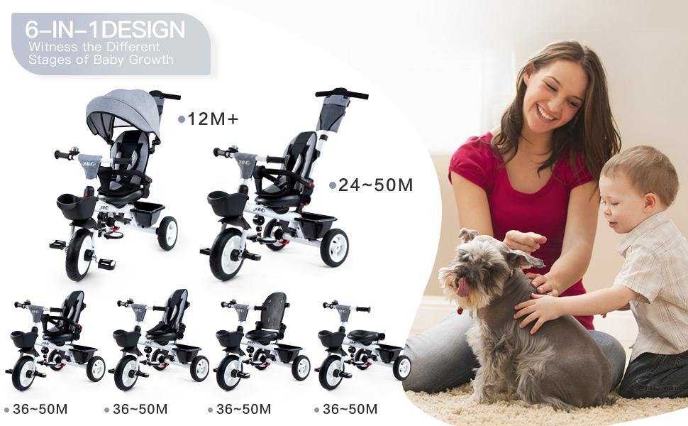 JMMD 6-in-1 3-Wheel Metal Frame Toddler Stroller Bike for 18 Months-5 Year Old Girls, with Adjustable Handle, Adjustable Seat, Harness, Removable Canopy, Grows with Toddlers, 3-Wheel Bikes JMMD 6-in-1 3-Wheel Metal Frame Toddler Stroller Bike for 18 Months-5 Year Old Girls, with Adjustable Handle, Adjustable Seat, Harness, Removable Canopy, Grows with Toddlers, 3-Wheel Bikes