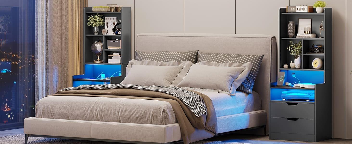 Sikaic Tall Night Stand with Charging Station and LED Lights, Nightstand with Bookshelf, Bedside Table with Drawers & Power Outlets, End Side Table for Bedrooms Sikaic Tall Night Stand with Charging Station and LED Lights, Nightstand with Bookshelf, Bedside Table with Drawers & Power Outlets, End Side Table for Bedrooms