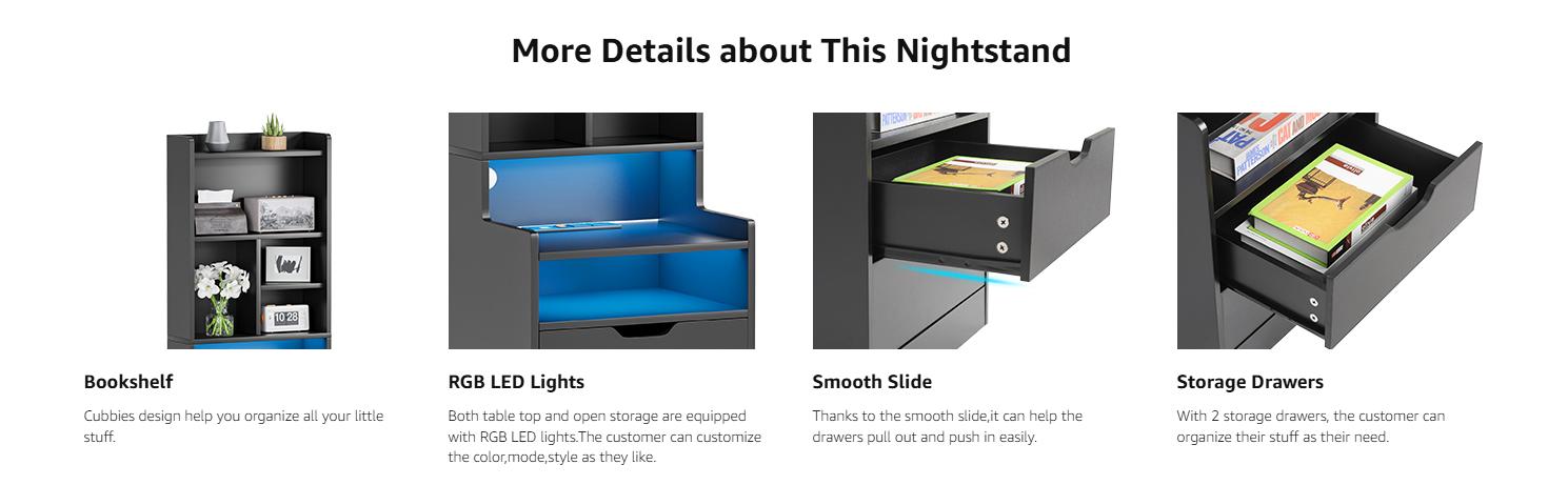 Sikaic Tall Night Stand with Charging Station and LED Lights, Nightstand with Bookshelf, Bedside Table with Drawers & Power Outlets, End Side Table for Bedrooms Sikaic Tall Night Stand with Charging Station and LED Lights, Nightstand with Bookshelf, Bedside Table with Drawers & Power Outlets, End Side Table for Bedrooms