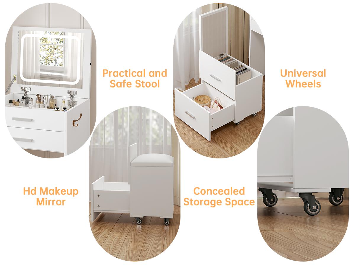 3-in-1 Multi-Functional LED Mirror Vanity Desk Furniture, Modern White Freestanding Makeup Vanity with 3 Drawers, Flip-Up Lighting Mirror, Cushioned Stool & Nightstand Combo for Bedroom, Office, Freestanding Makeup Vanities