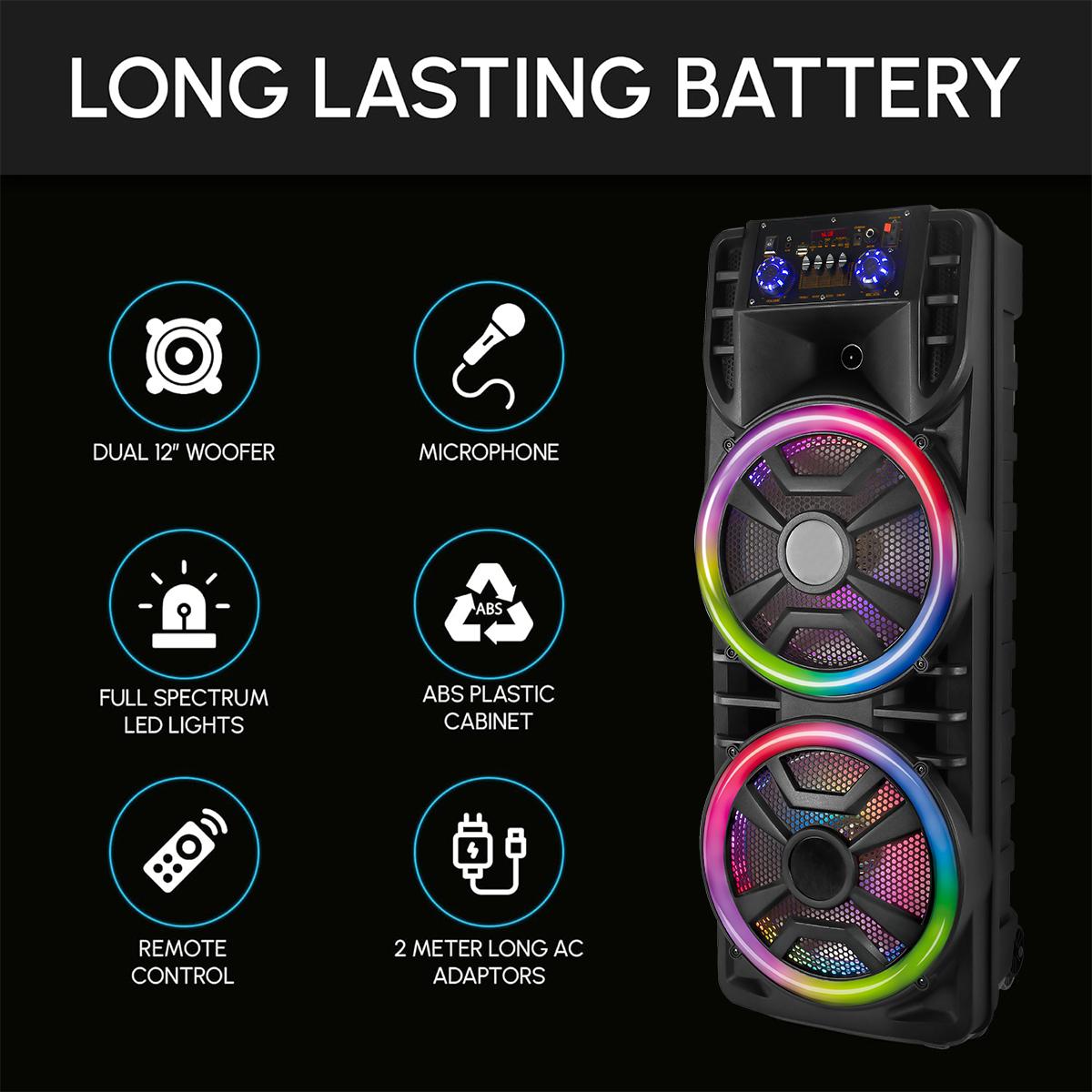 Portable Party Box Dual 12inch Karaoke Speaker System with Wireless Bluetooth, Microphone, LED Lighting & Rechargeable FM Radio Remote Control Smartphone Audio Portable Party Box Dual 12inch Karaoke Speaker System with Wireless Bluetooth, Microphone, LED Lighting & Rechargeable FM Radio Remote Control Smartphone Audio