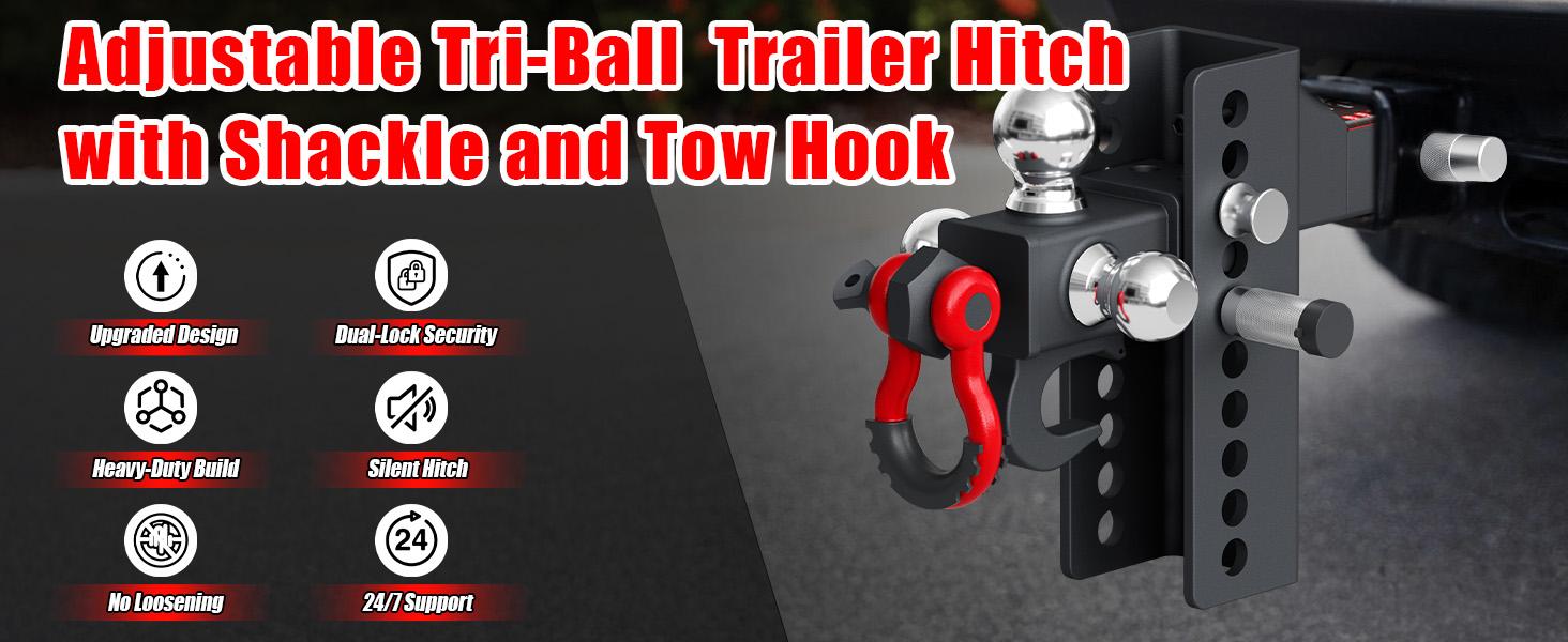TYT Trailer Hitch Tri-Ball Mount with Locks&Pin&Rotatable Tow Shackle, Fits 2-in Receiver, 4.5" Drop/Rise, 1-7/8" & 2" &2-5/16" Ball, 10000LBS GTW