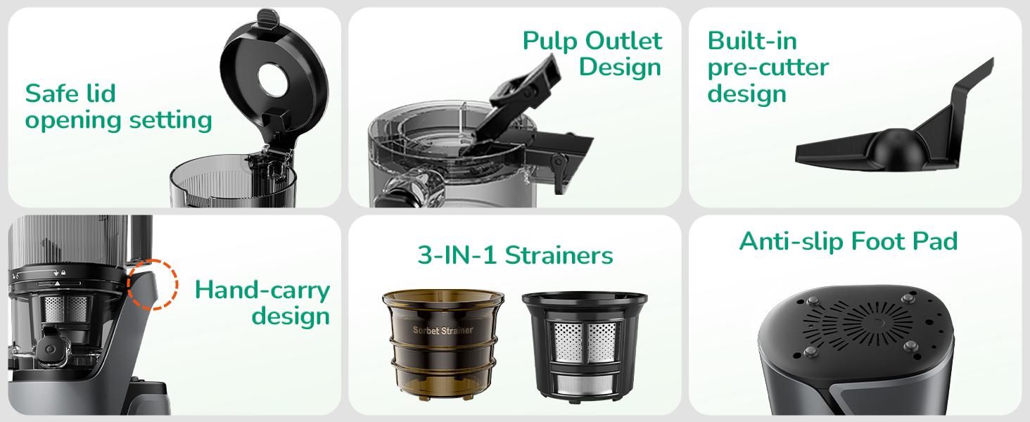 Canoly C16 Cold Press Juicer, 6" Extra Wide Feed Chute, 3-IN-1 Strainers (Juice & Sorbet & Nut Milk), Powerful AC Brushless Motor, Self Precut System, Juicer Machines with BPA-Free