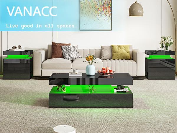 [Brandday][TWO TABLES IN ONE BOX] VanAcc High Gloss Nightstand Set of 2 with Charging Station, Modern Bedside Table with LED Lights by App and Remote  Control, Sofa End Side Tables with Drawers, Minimalist Night Stand for Bedroom, Living Room