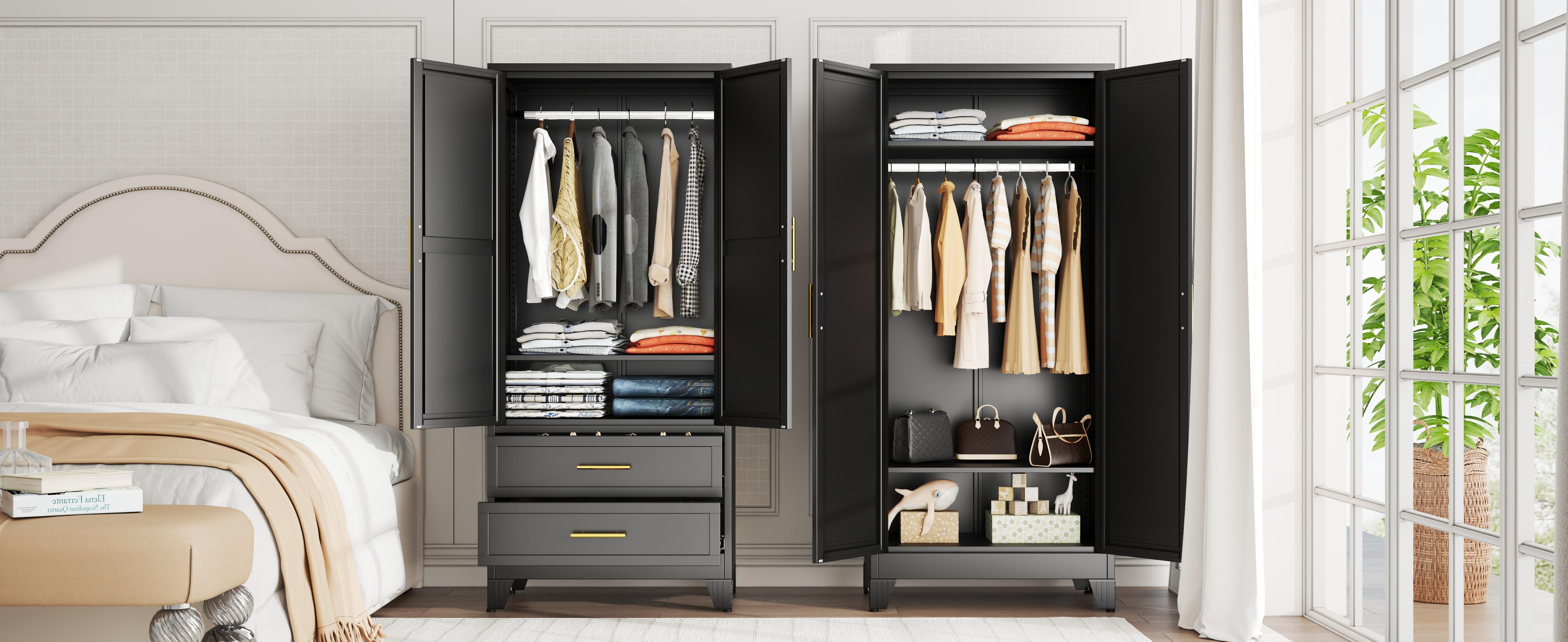 Metal Armoire Wardrobe Closet 71" Tall Bedroom Closet with Mirror 2 Drawers Adjustable Shelves and Hanging Rod Steel Clothes Closets and Storage for Bedroom Metal Armoire Wardrobe Closet 71" Tall Bedroom Closet with Mirror 2 Drawers Adjustable Shelves and Hanging Rod Steel Clothes Closets and Storage for Bedroom