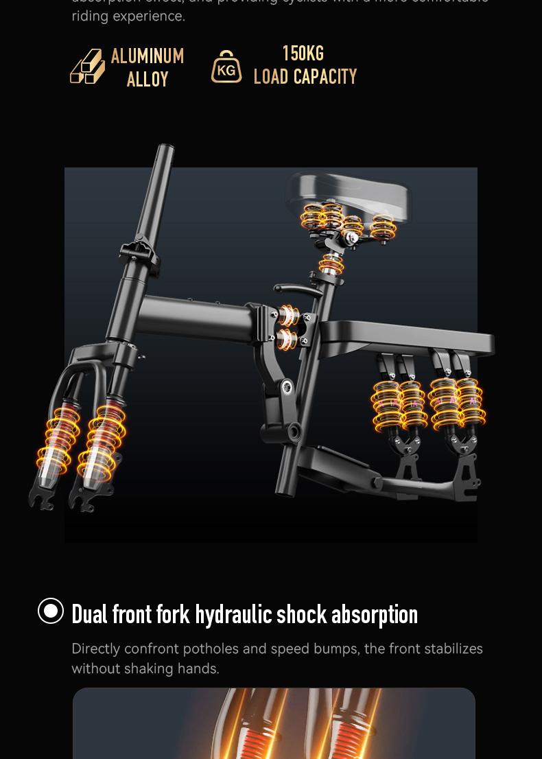 Electric Folding Bicycle 500W Motor 14-Inch Tires 48V 15Ah Battery 30-Mile Range Certified Shock Absorption Smart Urban Bike 1000W Peak Power 45KM Range Foldable with 16-Level Shock Absorption System Commuter Ebike Suspension Ebike Brakes