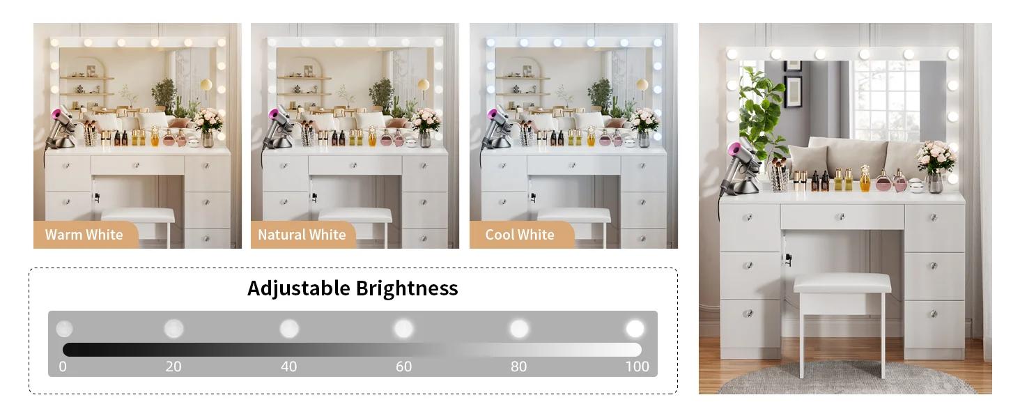 VOWNER 58"Tall Makeup Vanity Desk Set With Power Outlet, 14 Bulbs And Mirror, 7 Drawers VOWNER 58"Tall Makeup Vanity Desk Set With Power Outlet, 14 Bulbs And Mirror, 7 Drawers