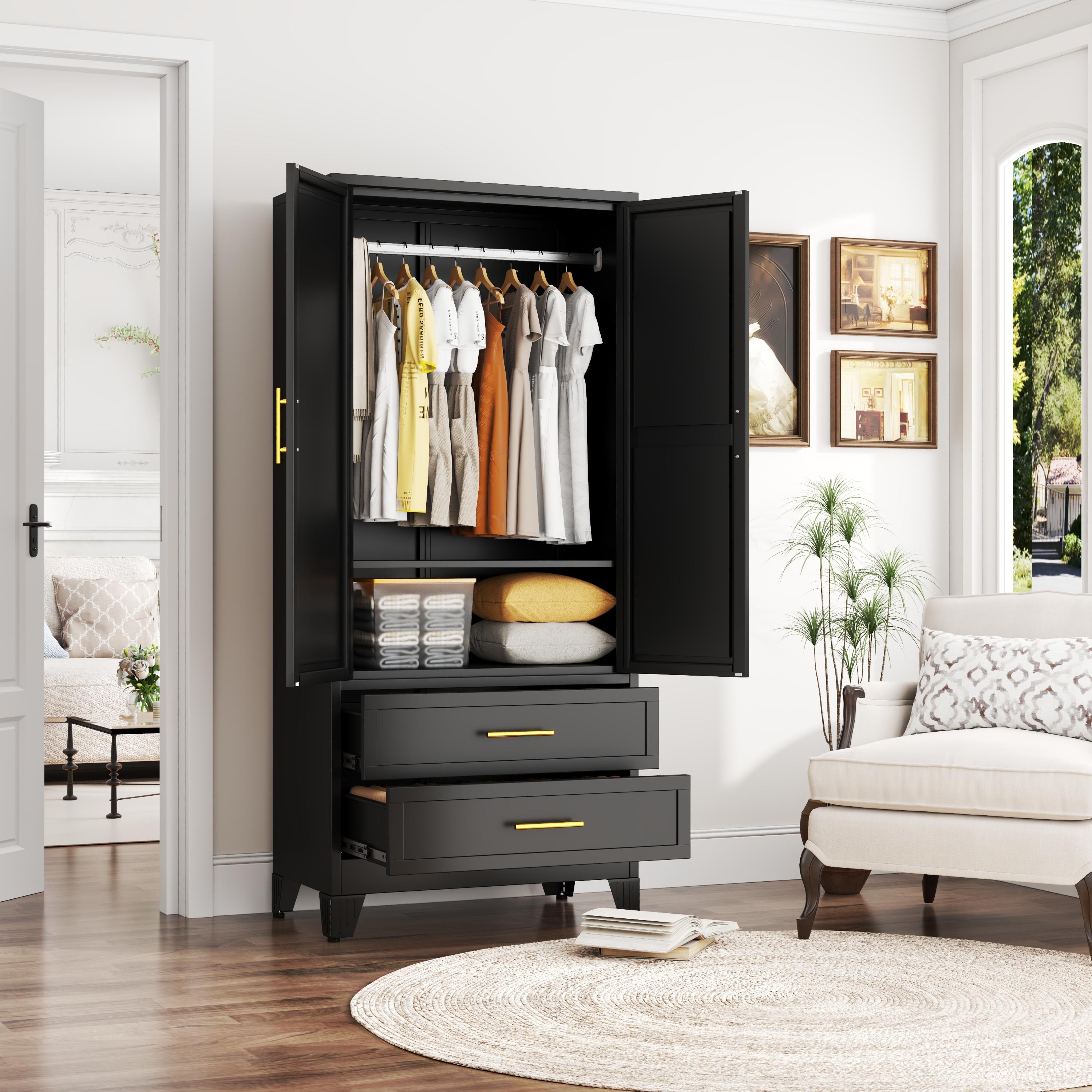 Metal Armoire Wardrobe Closet 71" Tall Bedroom Closet with Mirror 2 Drawers Adjustable Shelves and Hanging Rod Steel Clothes Closets and Storage for Bedroom Metal Armoire Wardrobe Closet 71" Tall Bedroom Closet with Mirror 2 Drawers Adjustable Shelves and Hanging Rod Steel Clothes Closets and Storage for Bedroom