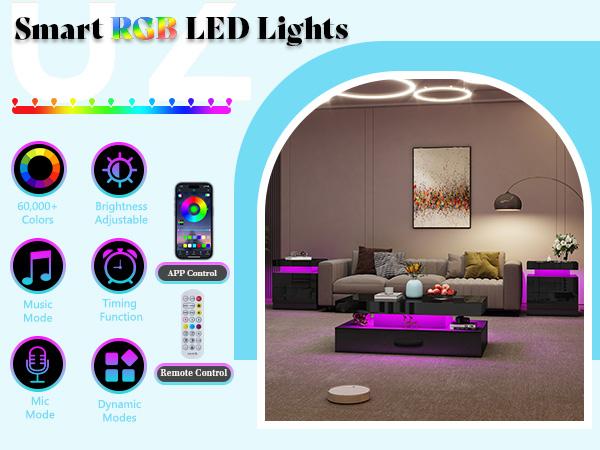 [Brandday][TWO TABLES IN ONE BOX] VanAcc High Gloss Nightstand Set of 2 with Charging Station, Modern Bedside Table with LED Lights by App and Remote  Control, Sofa End Side Tables with Drawers, Minimalist Night Stand for Bedroom, Living Room