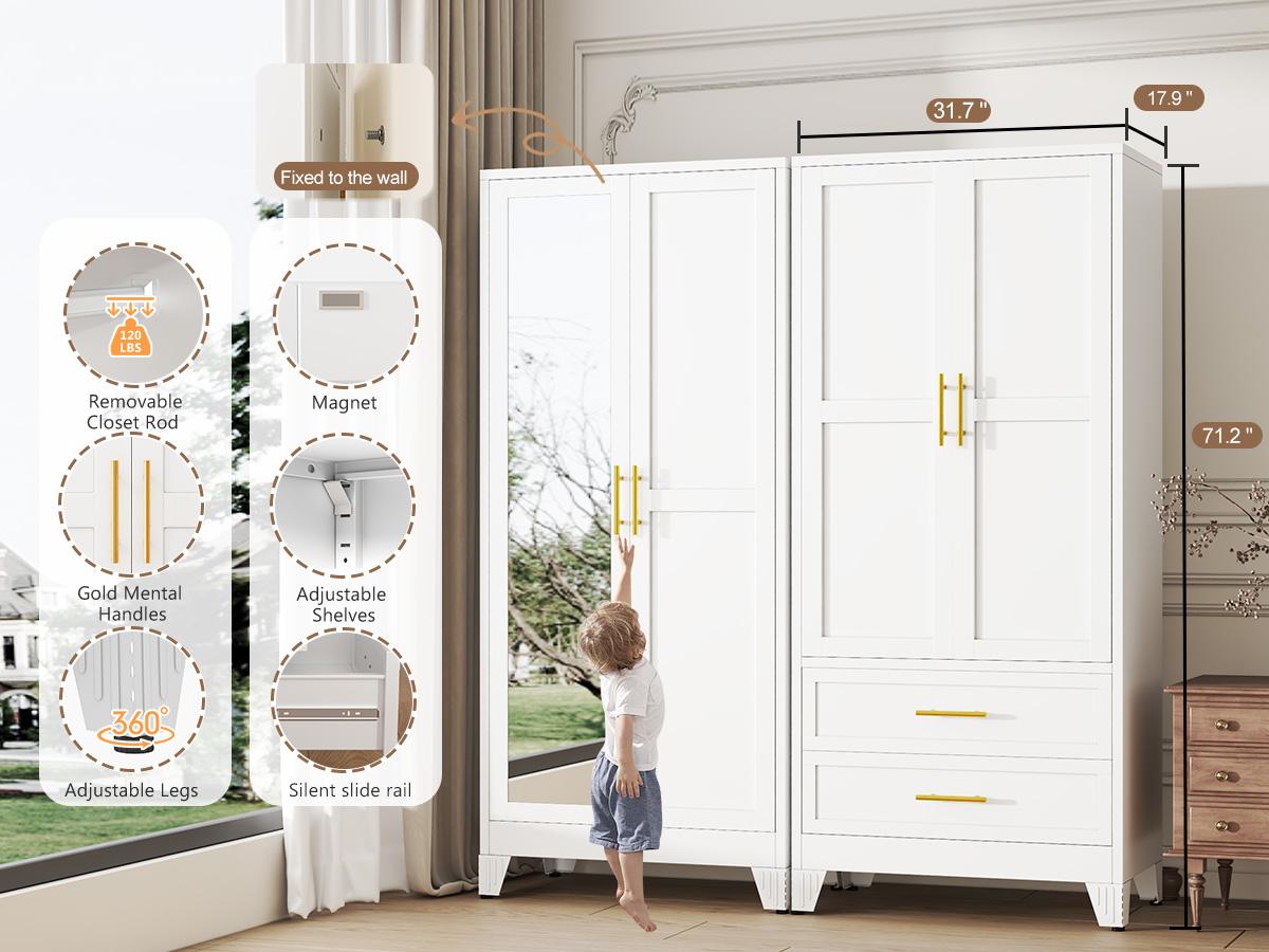 Metal Armoire Wardrobe Closet 71" Tall Bedroom Closet with Mirror 2 Drawers Adjustable Shelves and Hanging Rod Steel Clothes Closets and Storage for Bedroom Metal Armoire Wardrobe Closet 71" Tall Bedroom Closet with Mirror 2 Drawers Adjustable Shelves and Hanging Rod Steel Clothes Closets and Storage for Bedroom