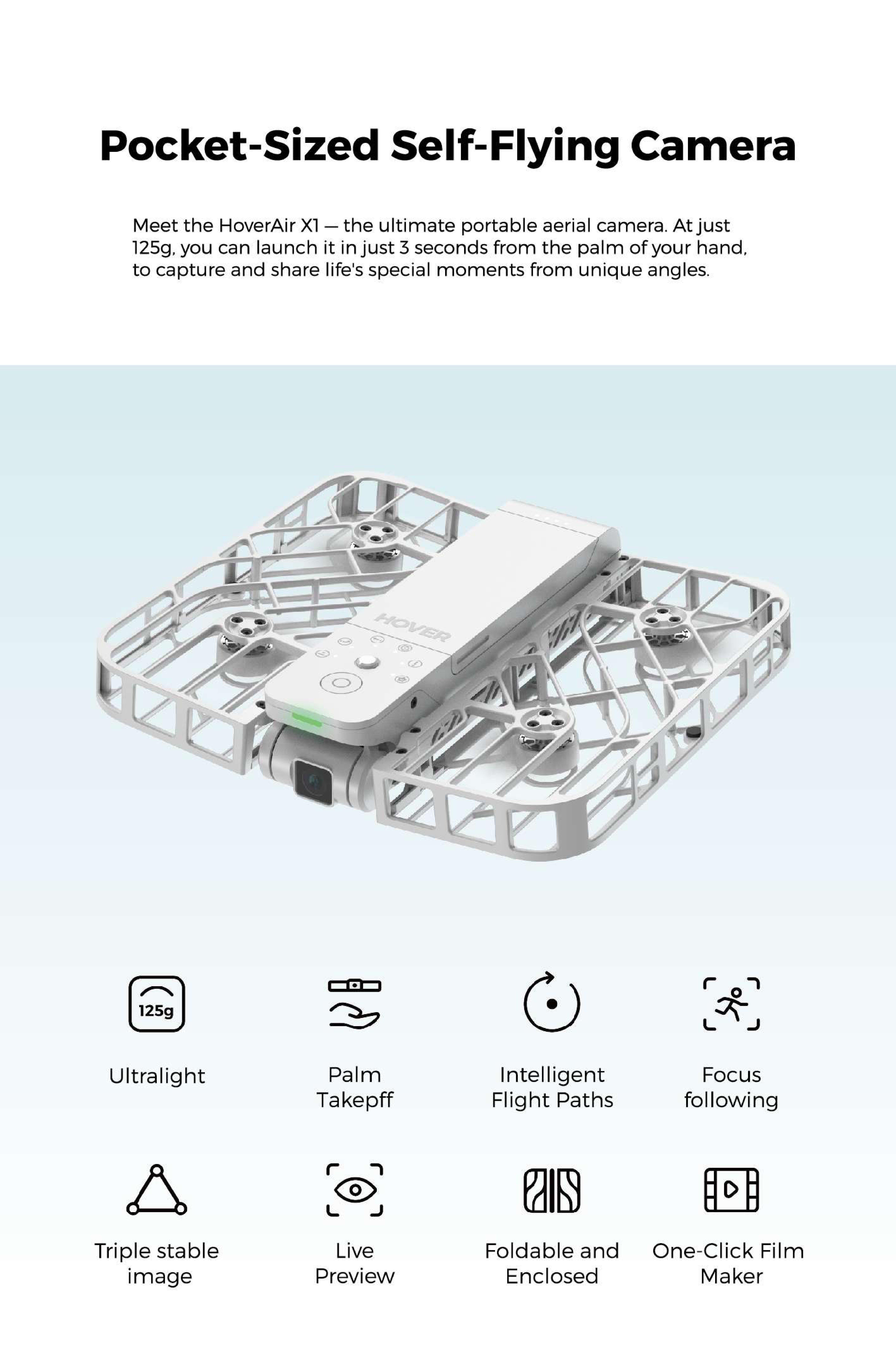 HOVERAir X1 Pocket-Sized Self-Flying Camera Lightweight Quadcopter with 5 Pre-Programmed Flights Foldable Design 125g Portable Electronic Handbag Mechanical Recording Drone HOVERAir X1 Pocket-Sized Self-Flying Camera Lightweight Quadcopter with 5 Pre-Programmed Flights Foldable Design 125g Portable Electronic Handbag Mechanical Recording Drone