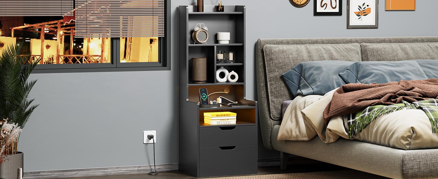 Sikaic Tall Night Stand with Charging Station and LED Lights, Nightstand with Bookshelf, Bedside Table with Drawers & Power Outlets, End Side Table for Bedrooms Sikaic Tall Night Stand with Charging Station and LED Lights, Nightstand with Bookshelf, Bedside Table with Drawers & Power Outlets, End Side Table for Bedrooms