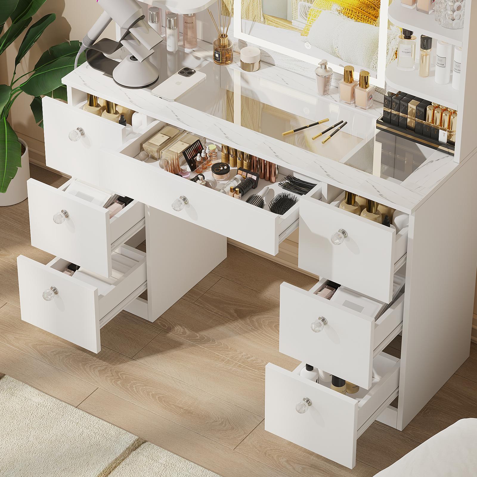 【Assembly video available】VOWNER Modern 55" Tall Makeup Vanity Table Set with 3 Color Lighted Mirror 7 Drawers & Outlet Gift 【Assembly video available】VOWNER Modern 55" Tall Makeup Vanity Table Set with 3 Color Lighted Mirror 7 Drawers & Outlet Gift