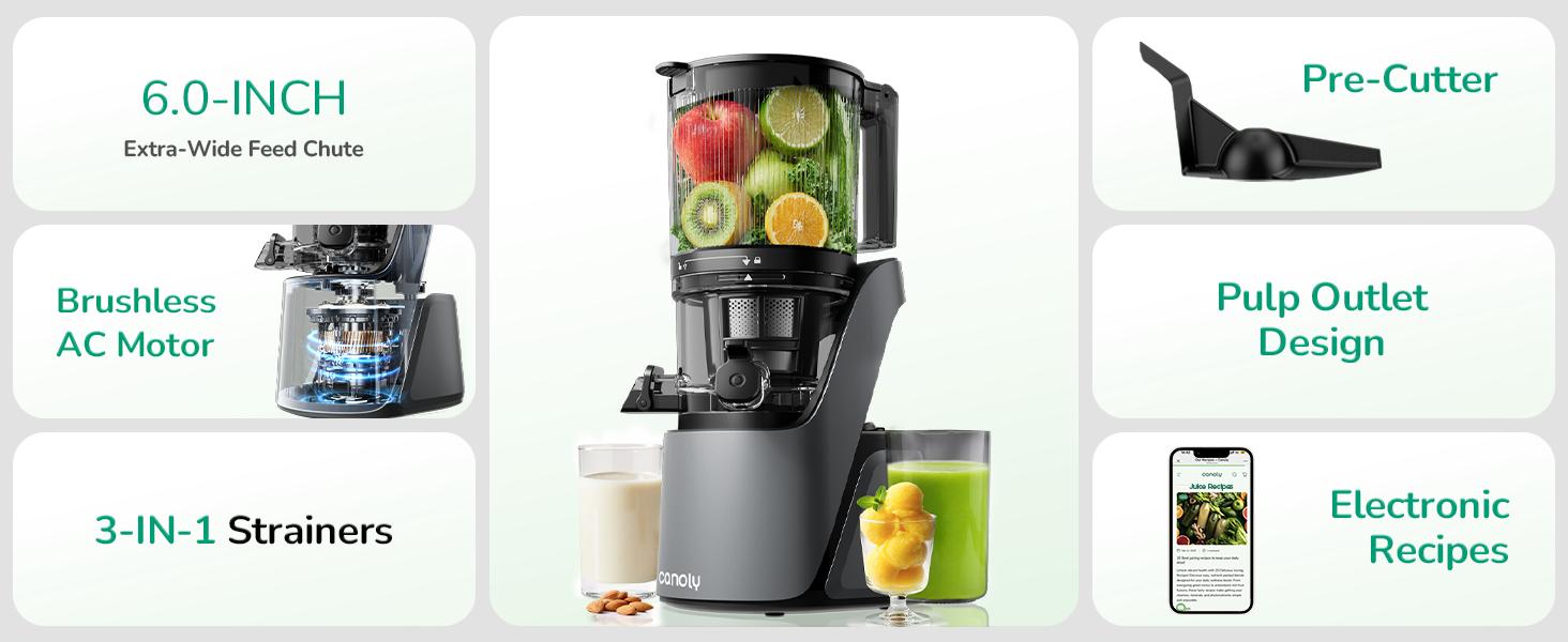 Canoly C16 Cold Press Juicer, 6" Extra Wide Feed Chute, 3-IN-1 Strainers (Juice & Sorbet & Nut Milk), Powerful AC Brushless Motor, Self Precut System, Juicer Machines with BPA-Free