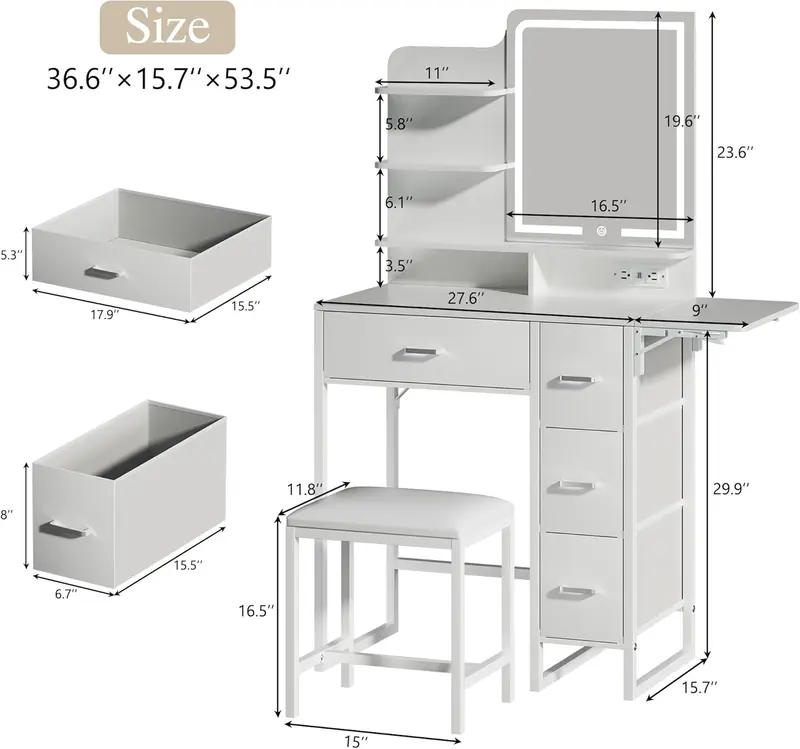 Tocador de maquillaje con espejo y luces, tocador pequeño con cajón de almacenamiento de tela, silla y estantes, tocador blanco con panel plegable y toma de corriente para dormitorio.