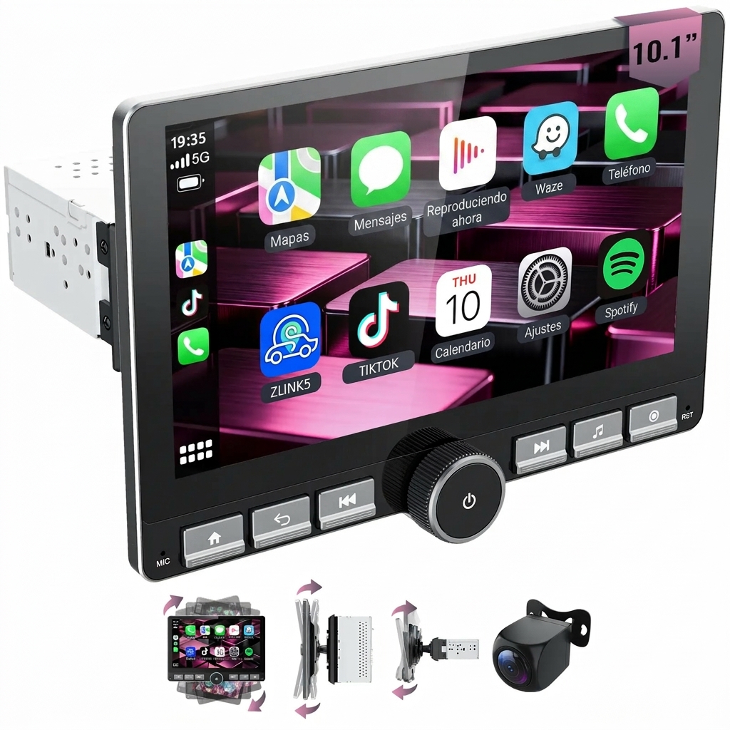 Autorradio Android 13 de 10.1", Pantalla giratoria 360°, Mejora de sonido DSP, Botones físicos, Pantalla táctil IPS, CarPlay, Android Auto, Radio FM/AM, Navegación GPS, 2 GB RAM + 64 GB de almacenamiento, Bluetooth, Pantalla dividida — SummerVibes